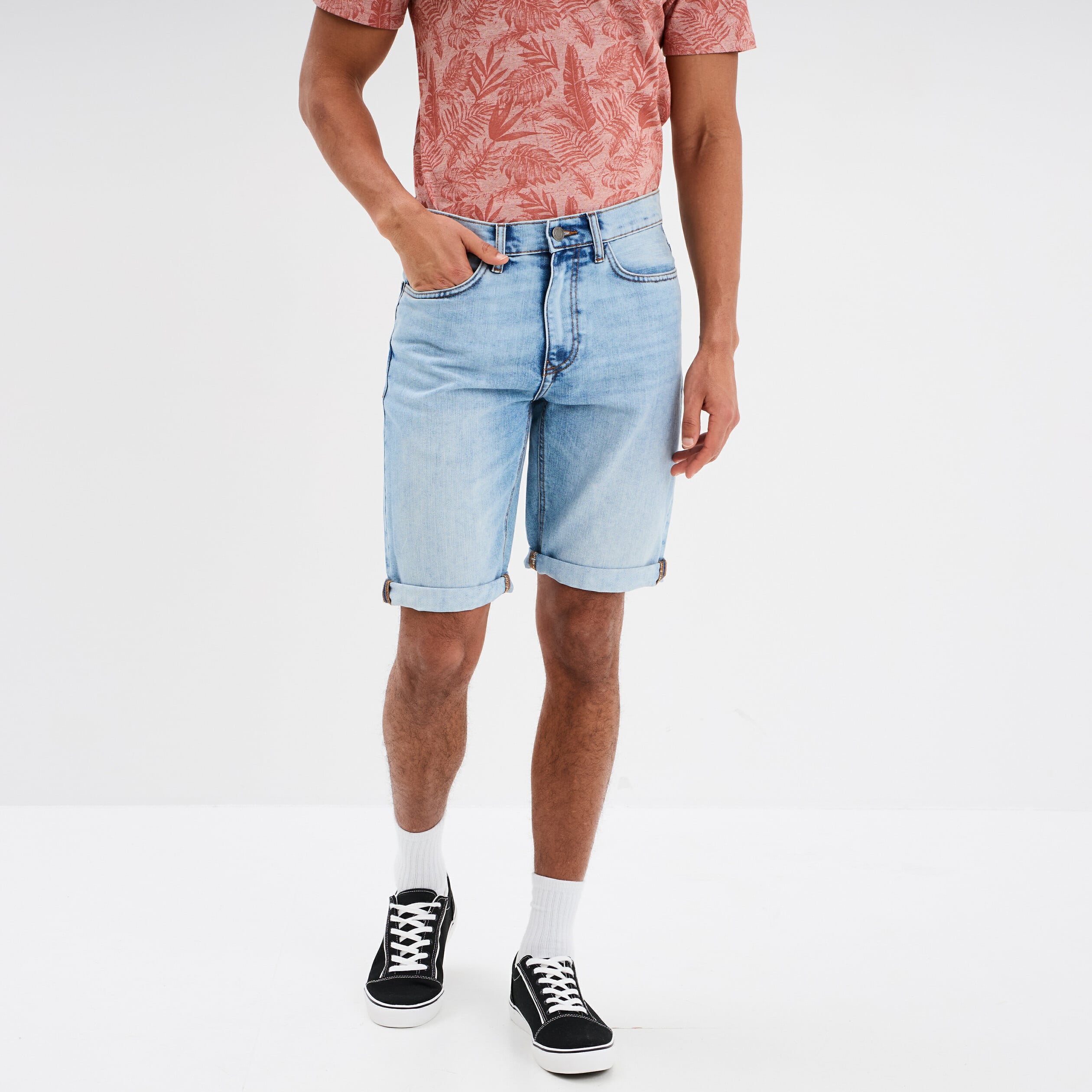 Bermuda short droit en jean denim bleach homme