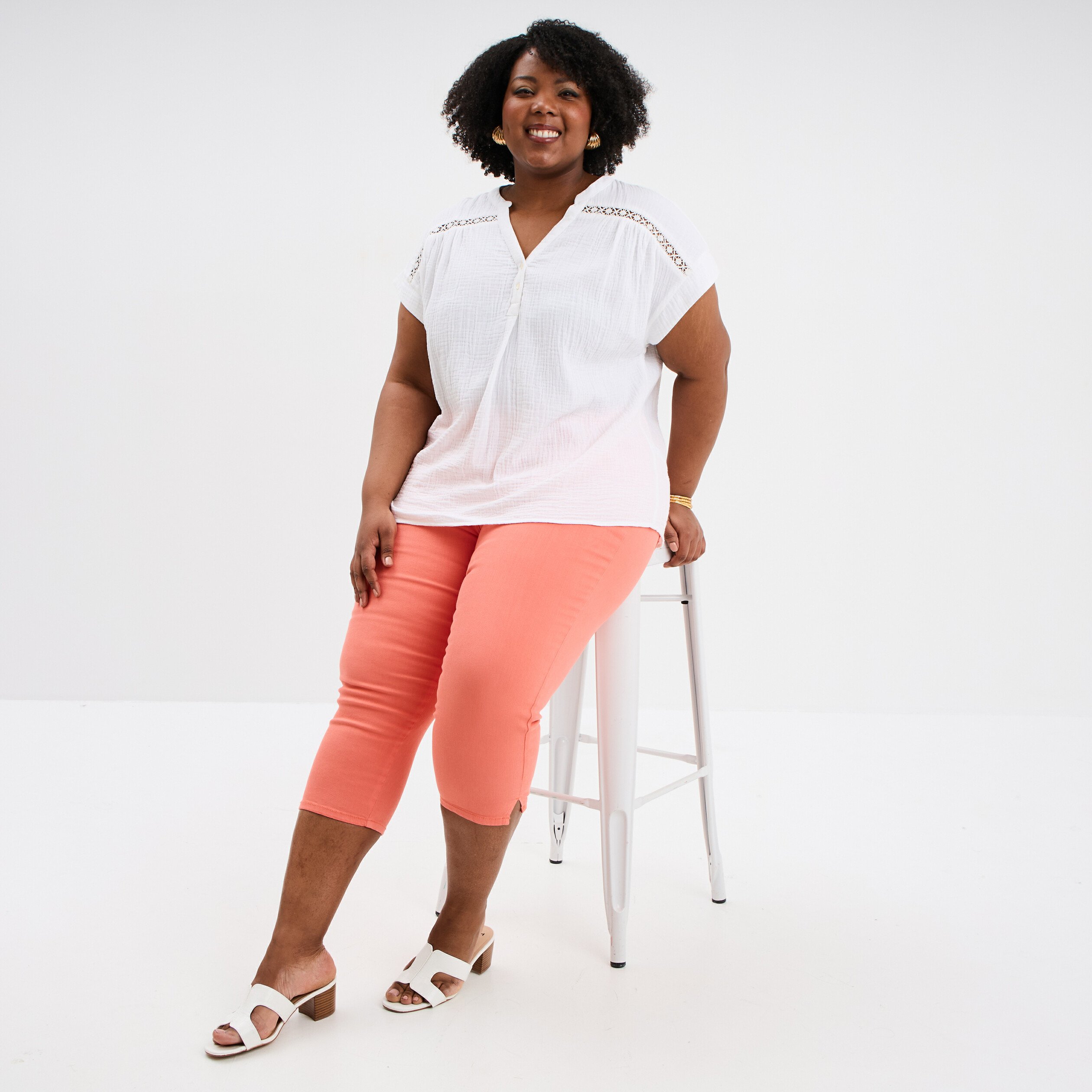 blouse droite gaze de coton col tunisien blanc femmegt Blouse droite gaze de coton col tunisien blanc femme grande taille