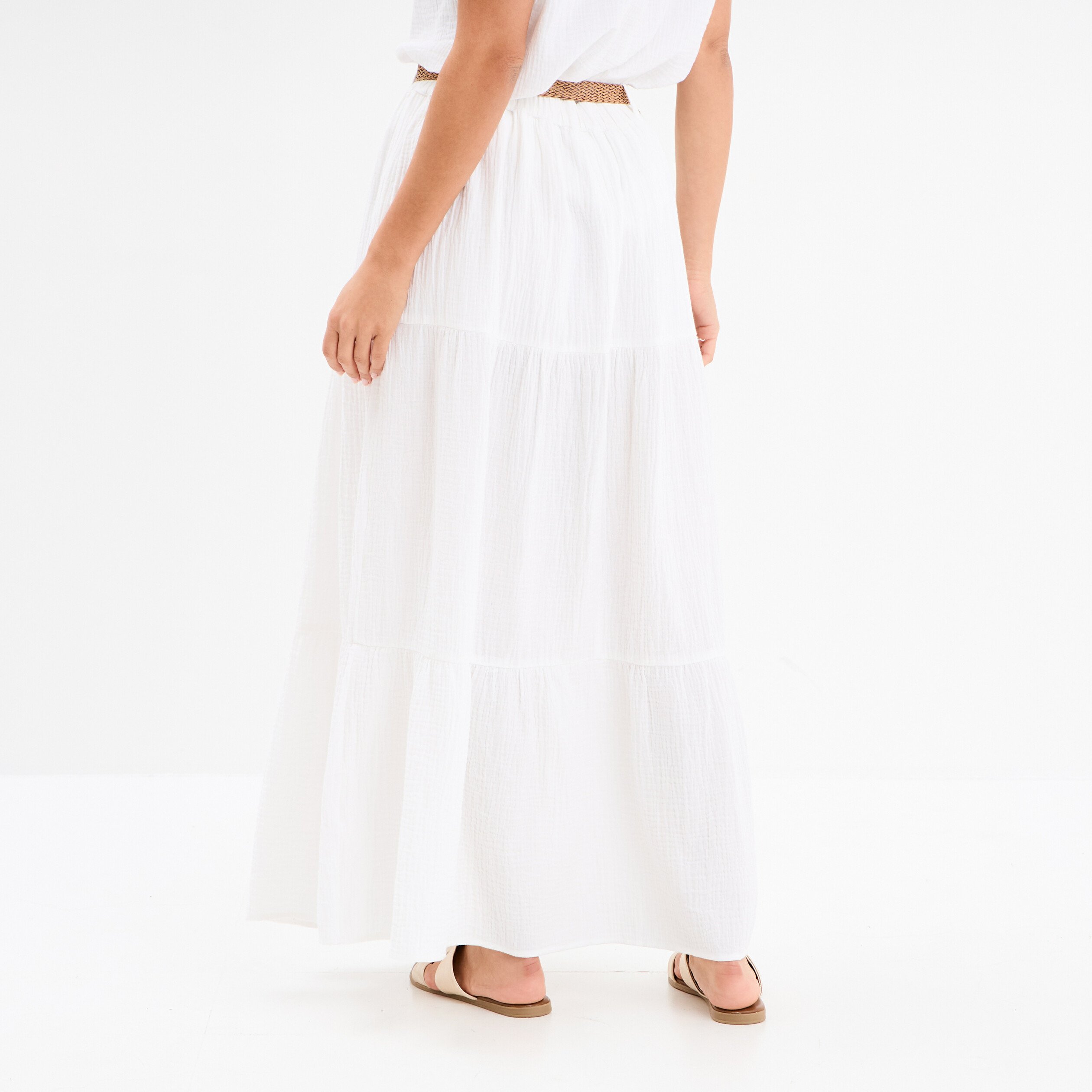 jupe longue gaze de coton ceinturee blanc femme Jupe longue gaze de coton ceinturée blanc femme