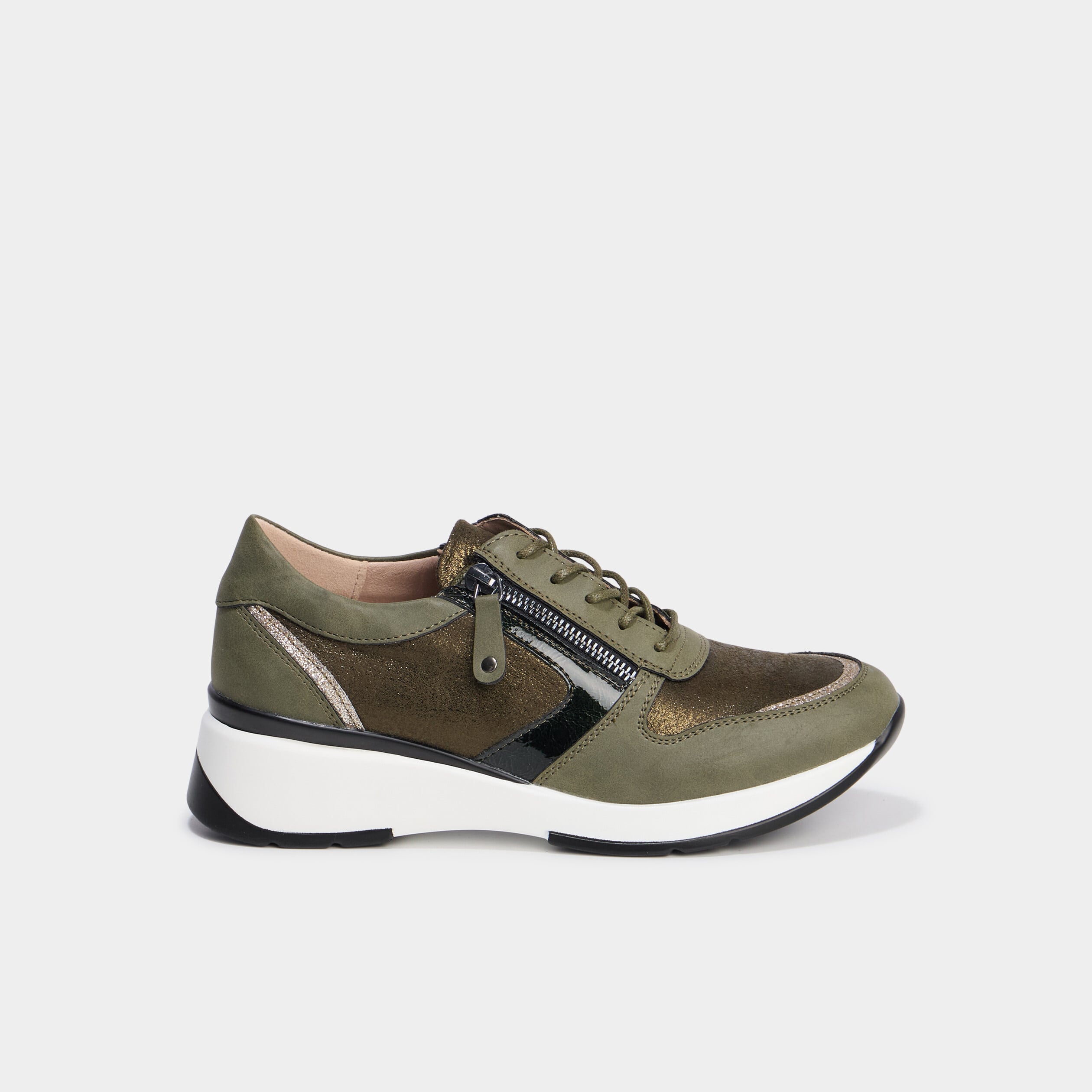 Baskets running compens&eacute;es zipp&eacute;es vert kaki femme