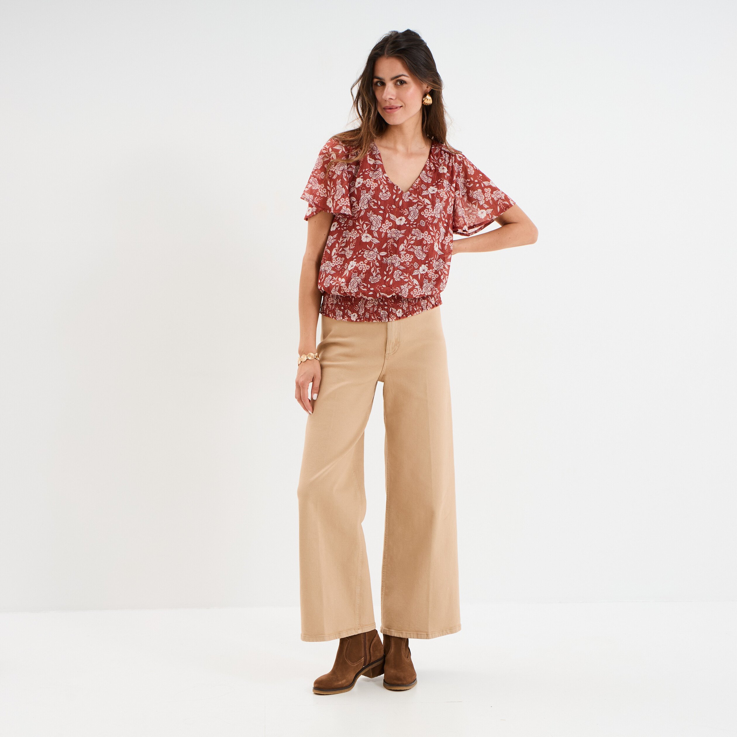 blouse col en v taille elastiquee terracotta femme Blouse col en V taille élastiquée terracotta femme