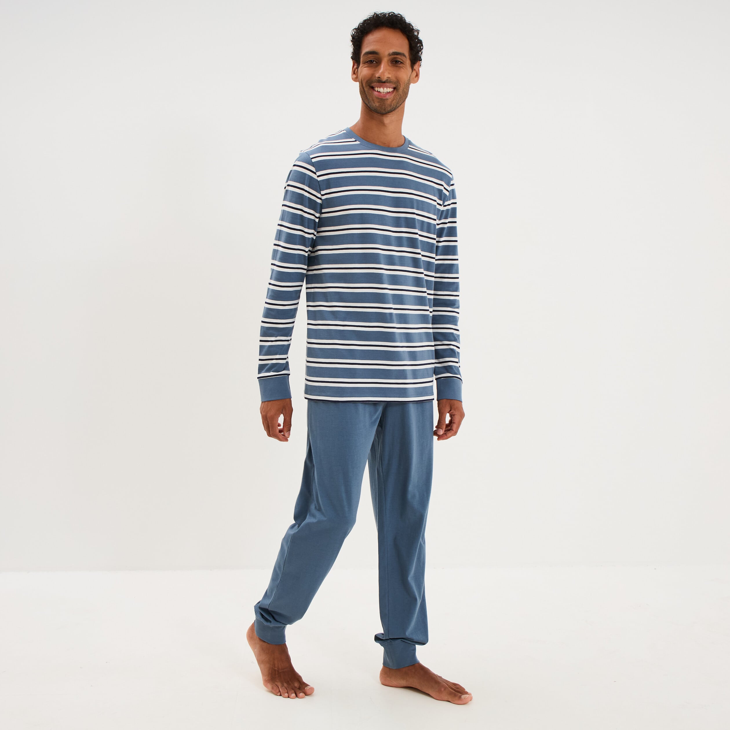 Ensemble pyjama pantalon t-shirt coton bleu fonc&eacute; homme