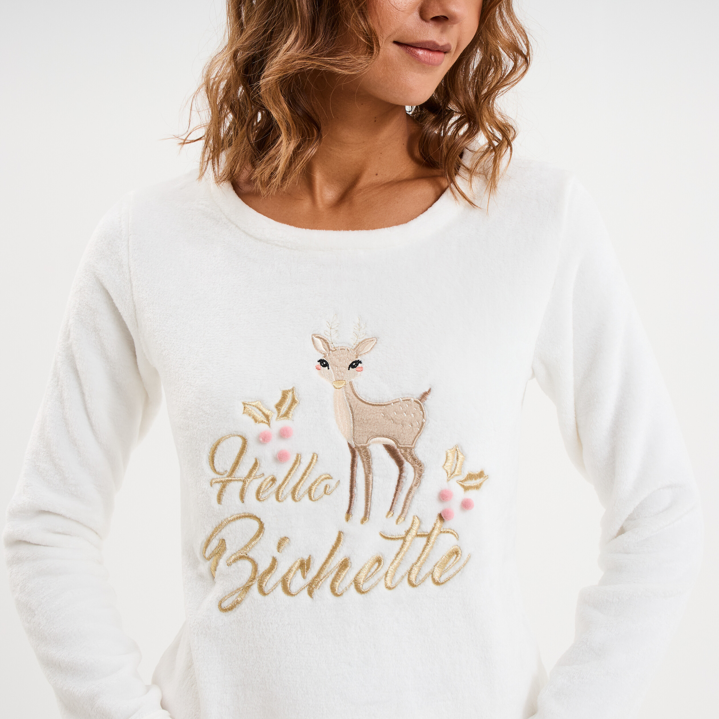 Ensemble pyjama effet velours 2 pi&egrave;ces blanc femme