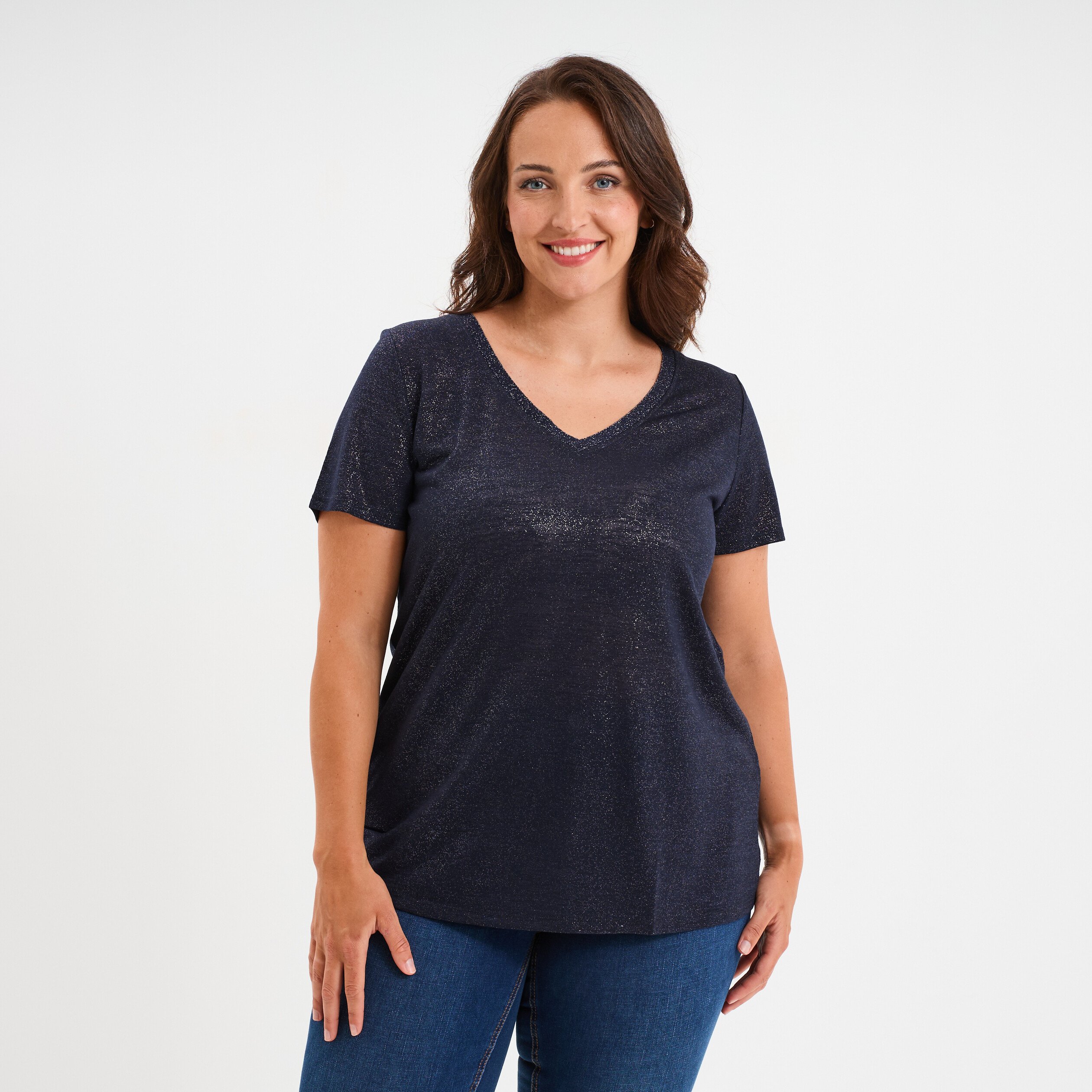 t shirt col en v manches courtes bleu fonce femmegt T-shirt col en V manches courtes bleu foncé femme grande taille