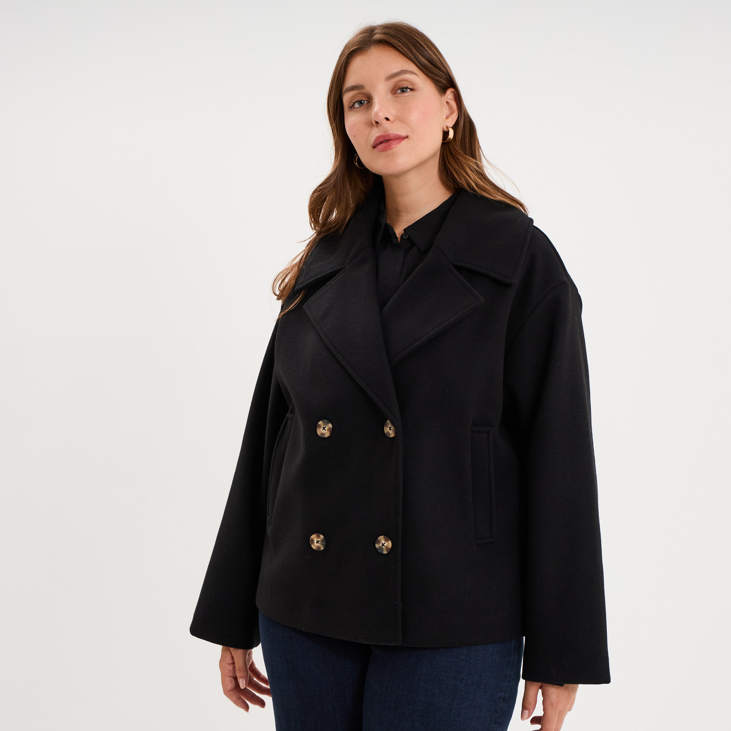 Manteau court double boutonnage noir femme grande taille