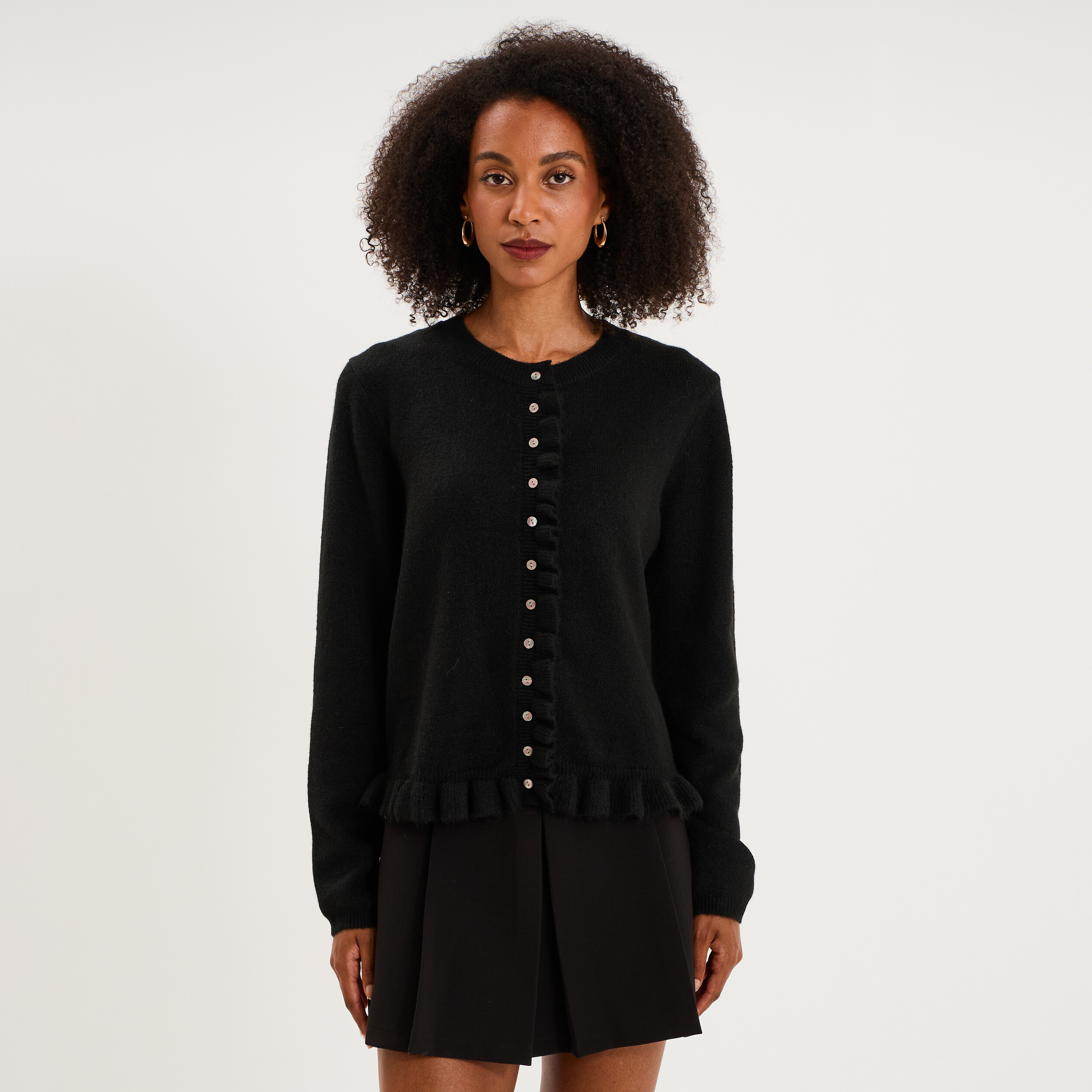 Gilet col rond &agrave; volants boutonn&eacute; noir femme