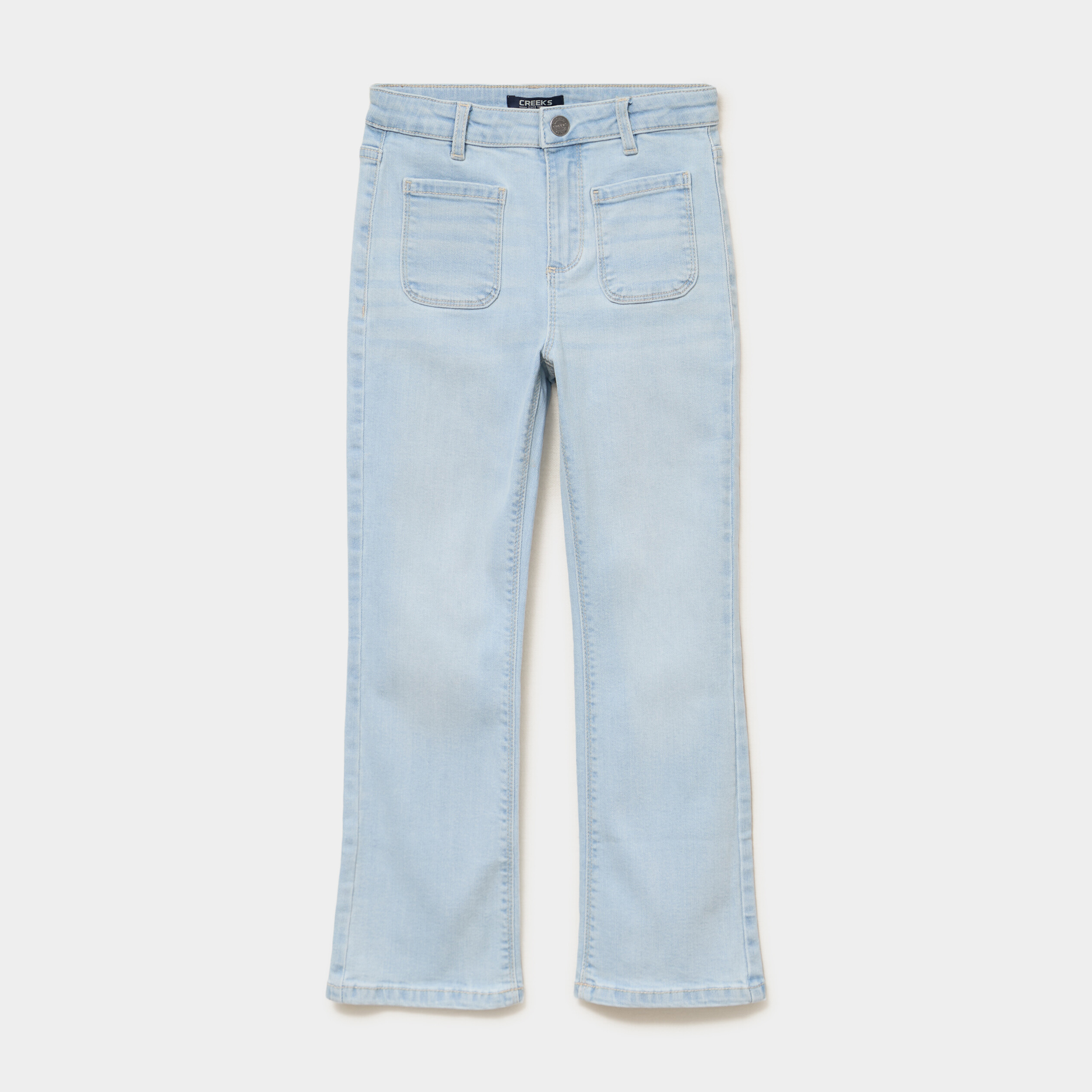 Jean flare poches plaqu&eacute;es denim bleach fille