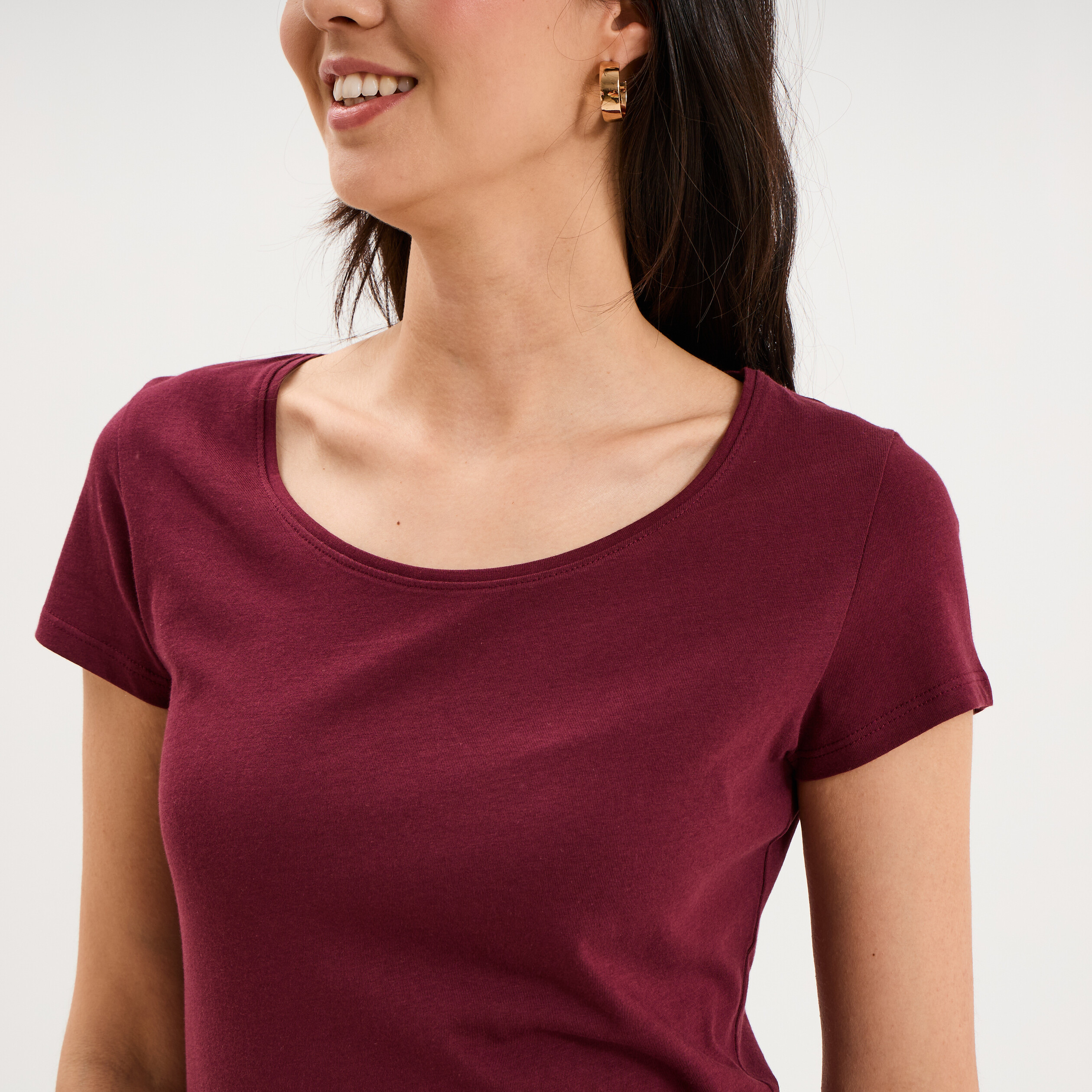 T-shirt coton col rond manches courtes bordeaux femme