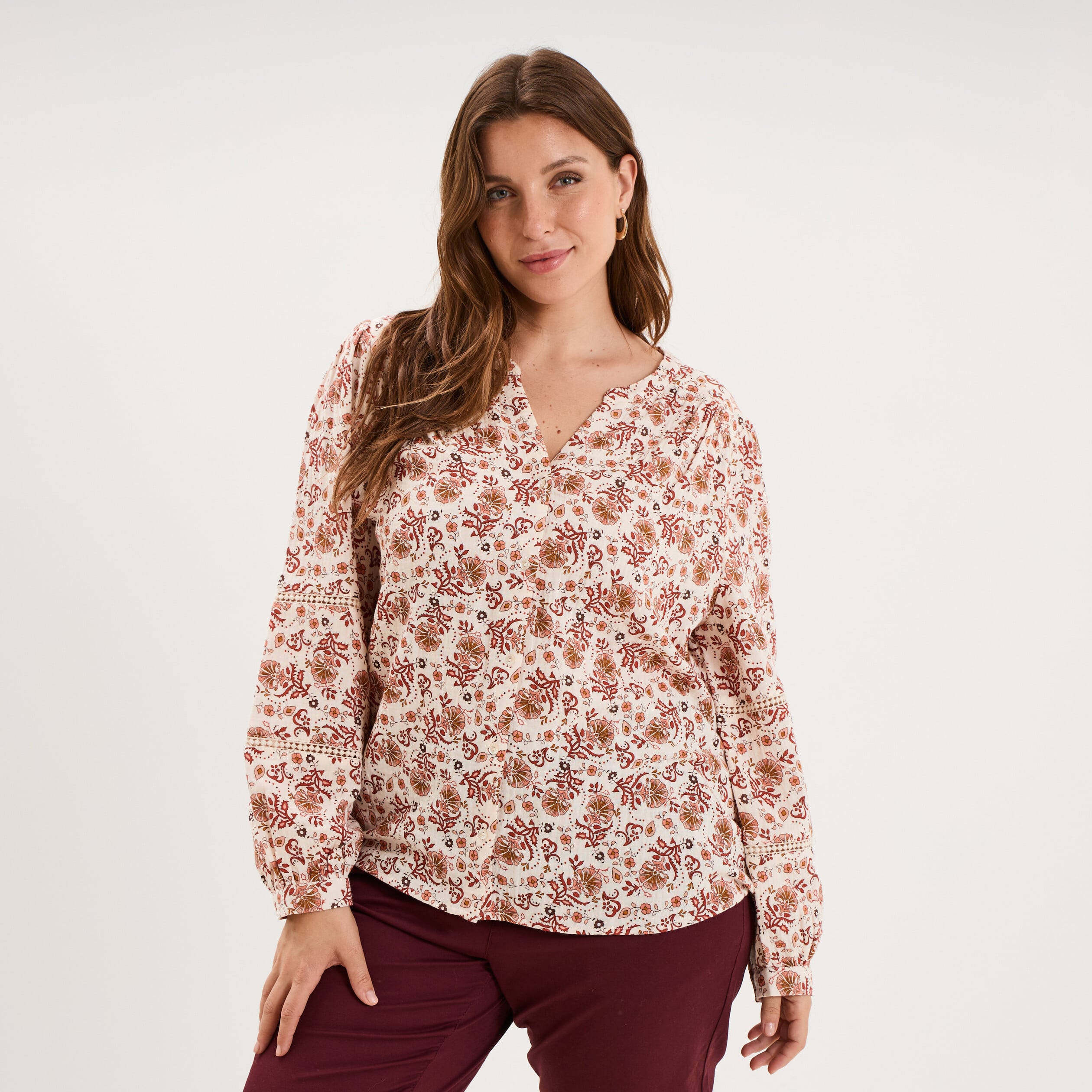 Blouse droite manches longues coton ecru femme grande taille