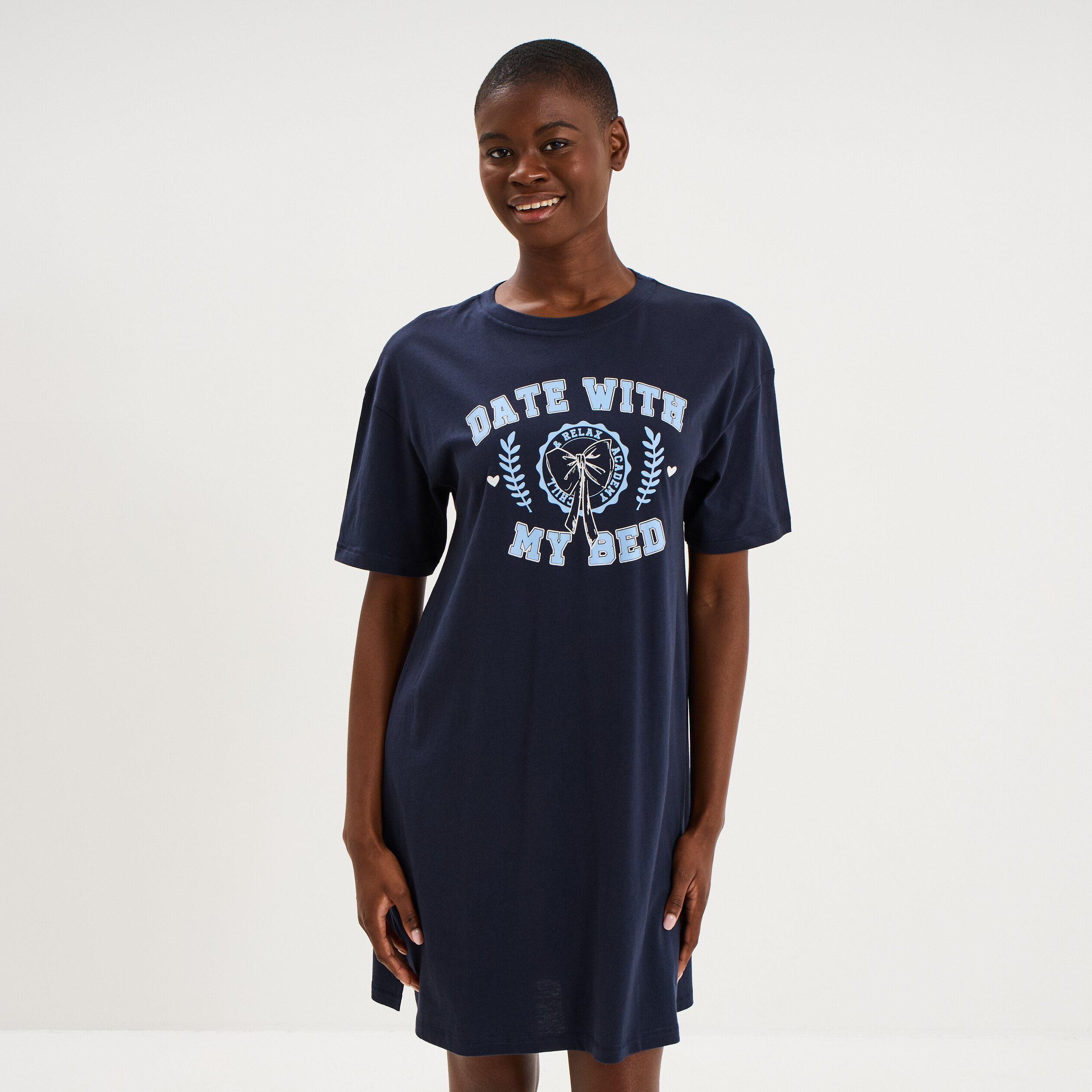 Chemise de nuit courte col rond coton bleu marine femme