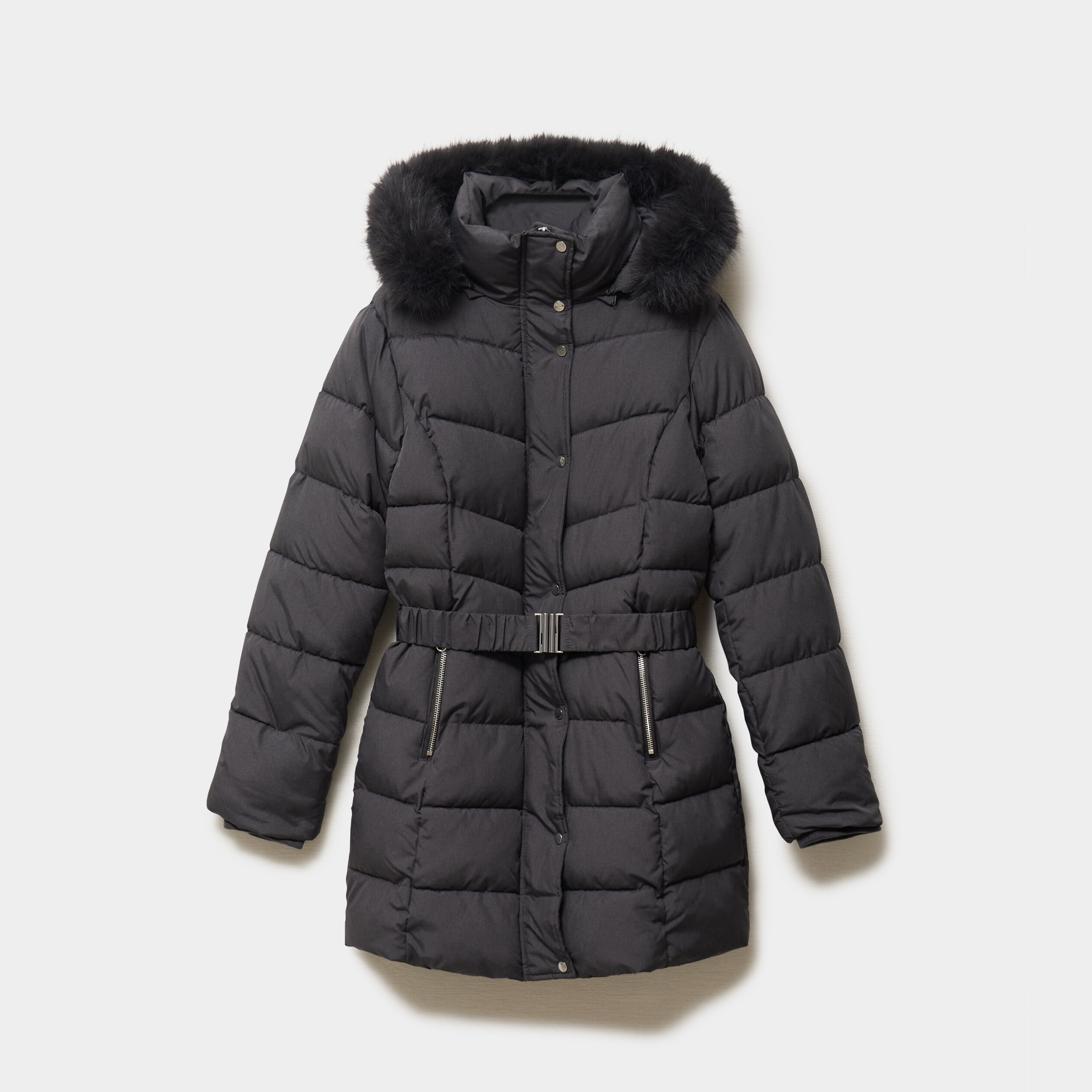Doudoune mi-longue ceintur&eacute;e &agrave; capuche gris clair femme