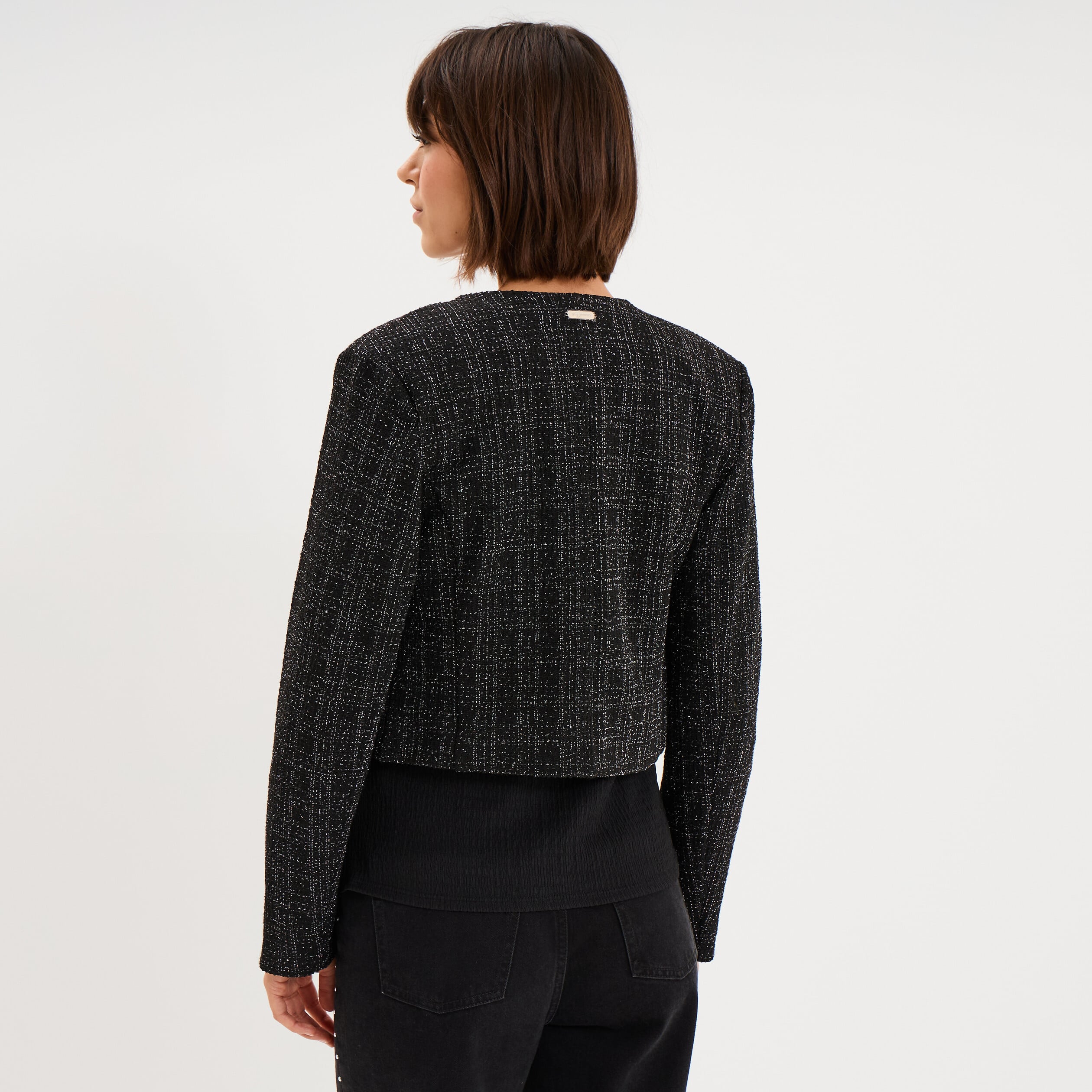 Veste bol&eacute;ro tweed manches longues noir femme