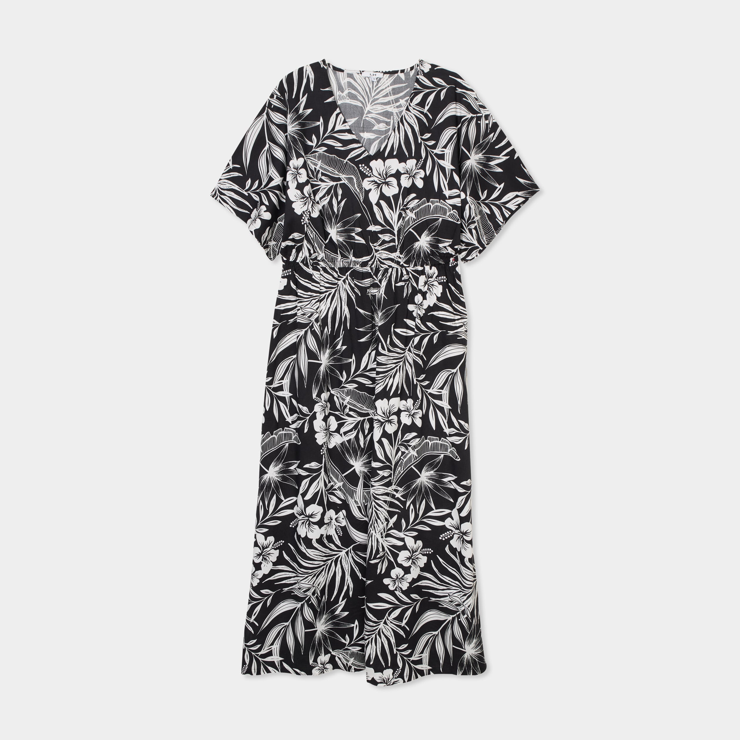 Robe longue col en V manches courtes noir femme