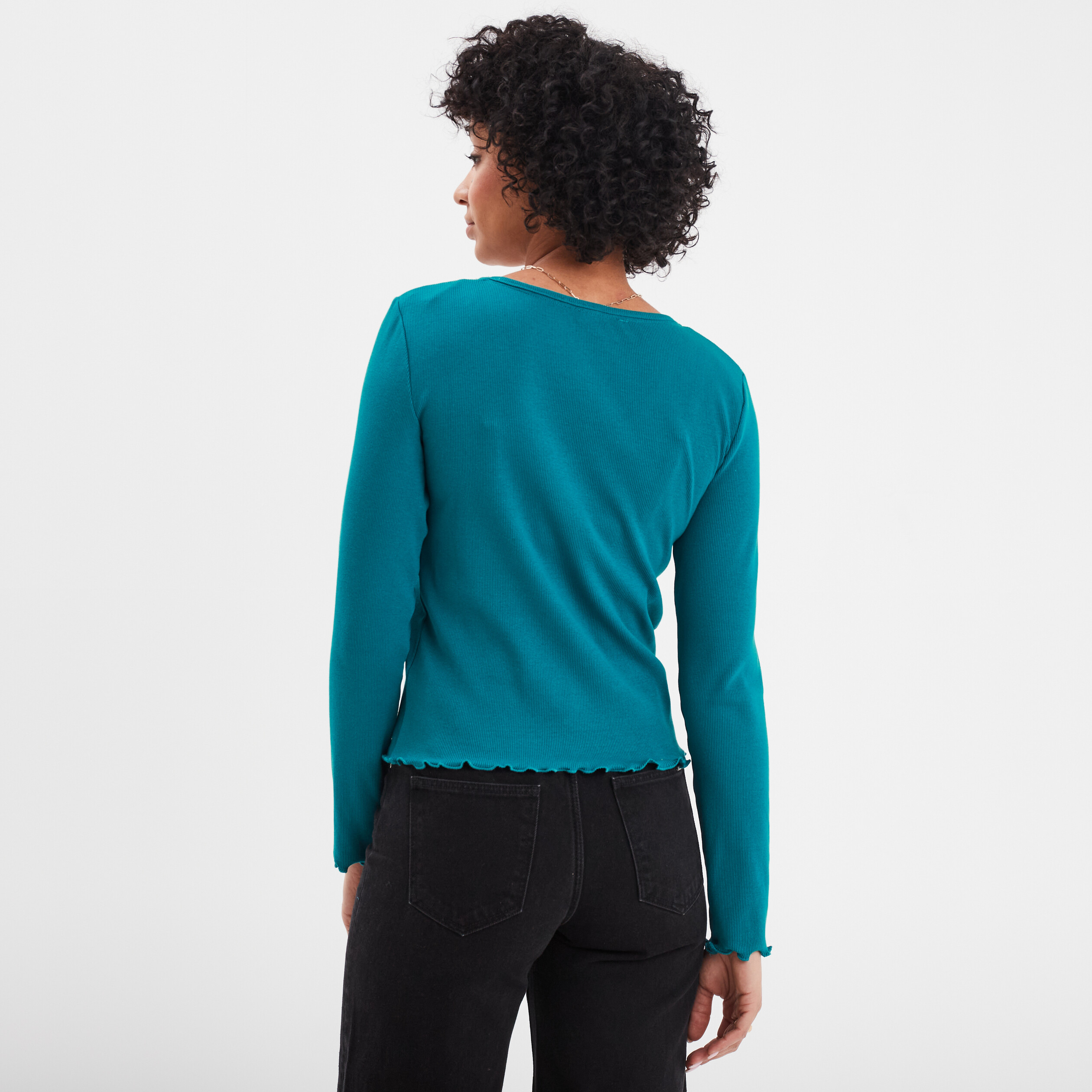 t shirt cotele col en v manches longues vert emeraude femme T-shirt côtelé col en V manches longues vert émeraude femme