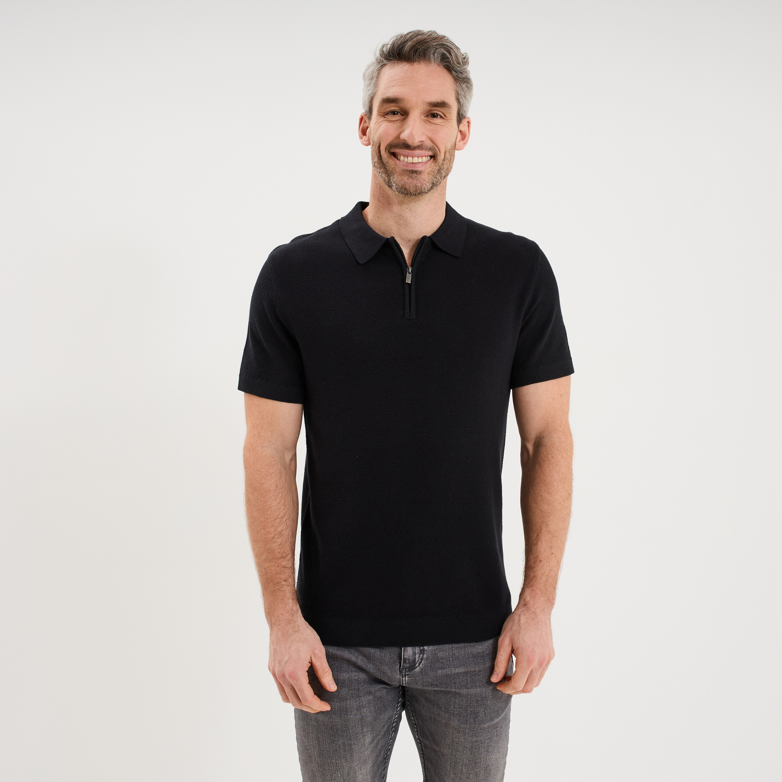 Polo col zipp&eacute; manches courtes coton noir homme