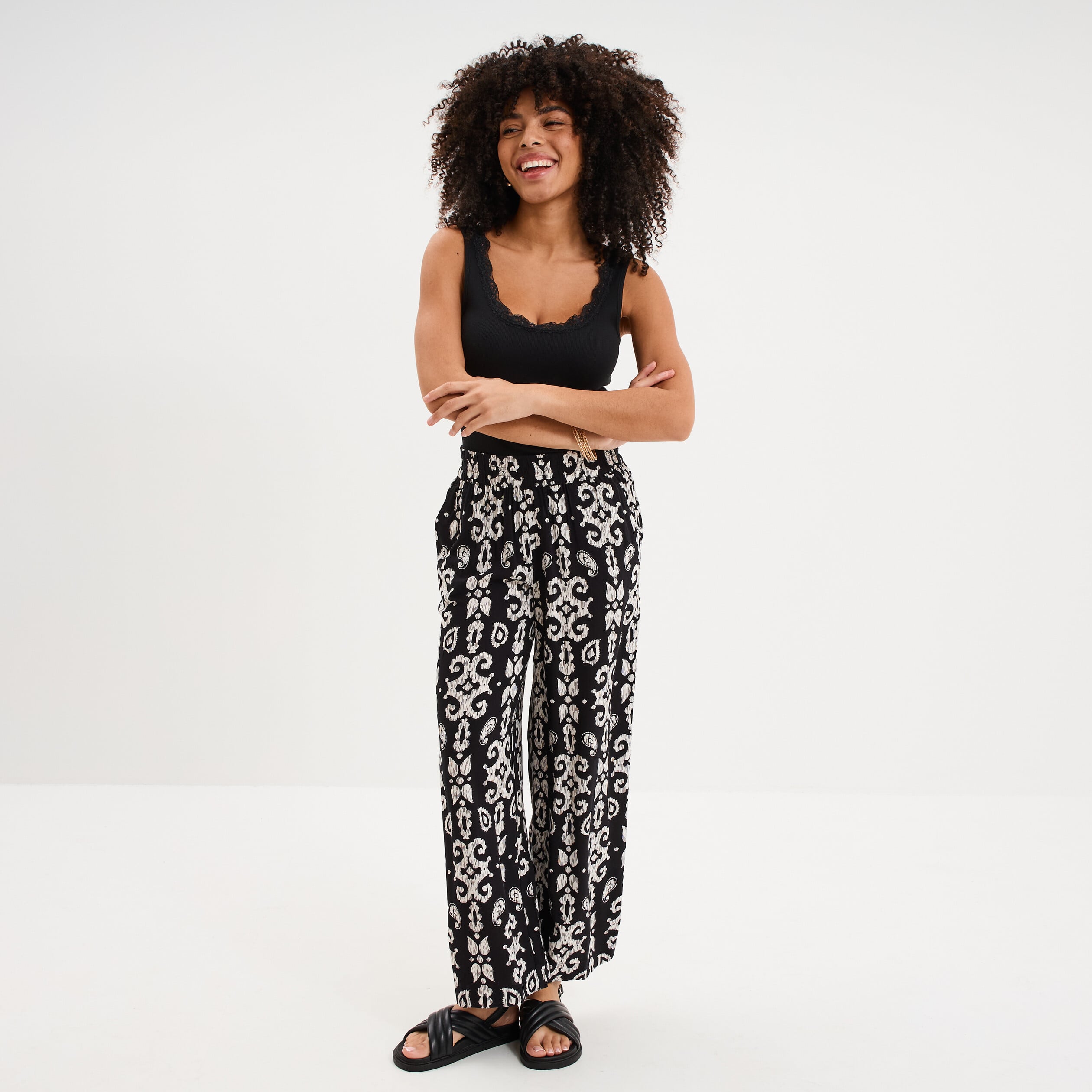 Pantalon fluide large taille &eacute;lastiqu&eacute;e noir femme