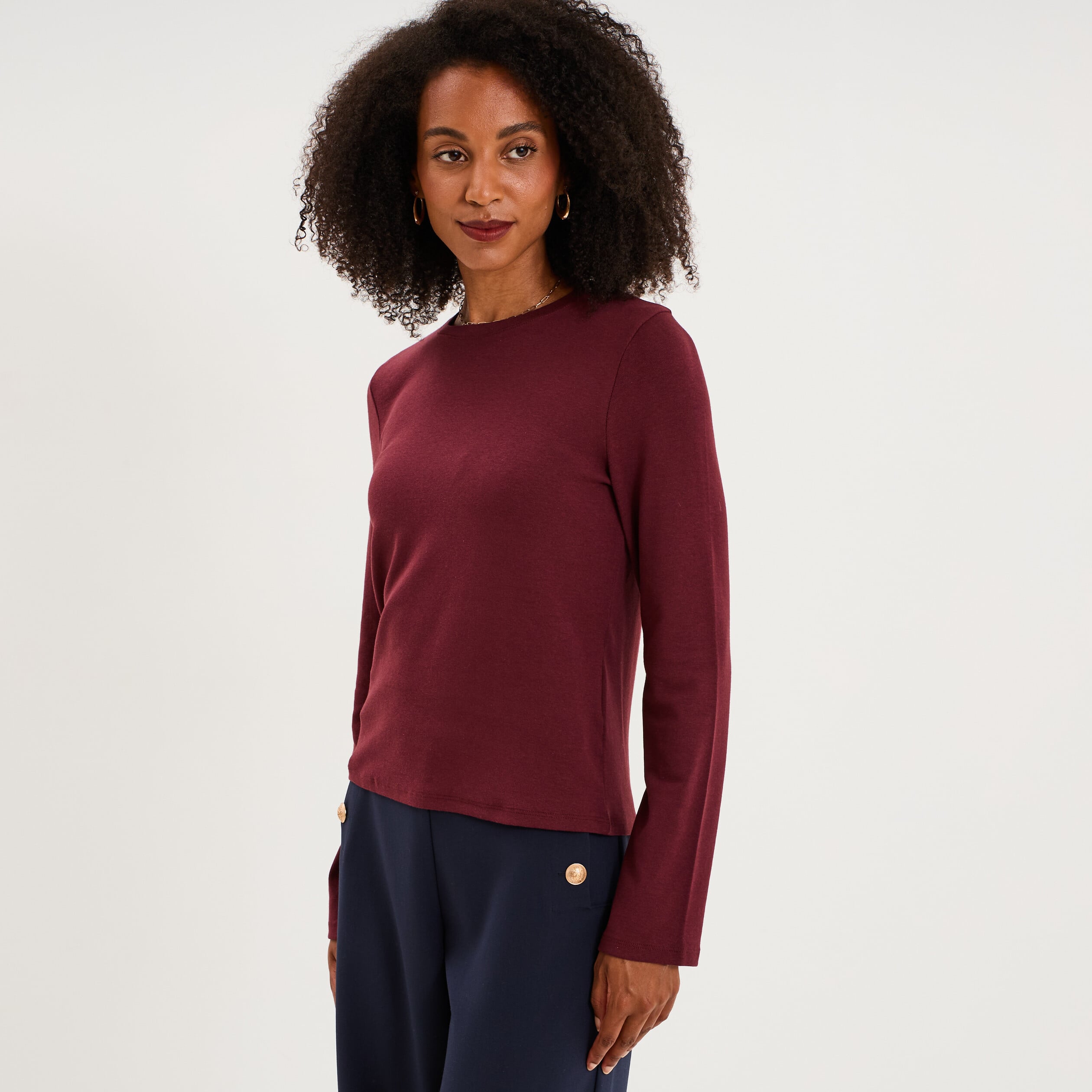 T-shirt manches longues col rond ajust&eacute; violet fonc&eacute; femme