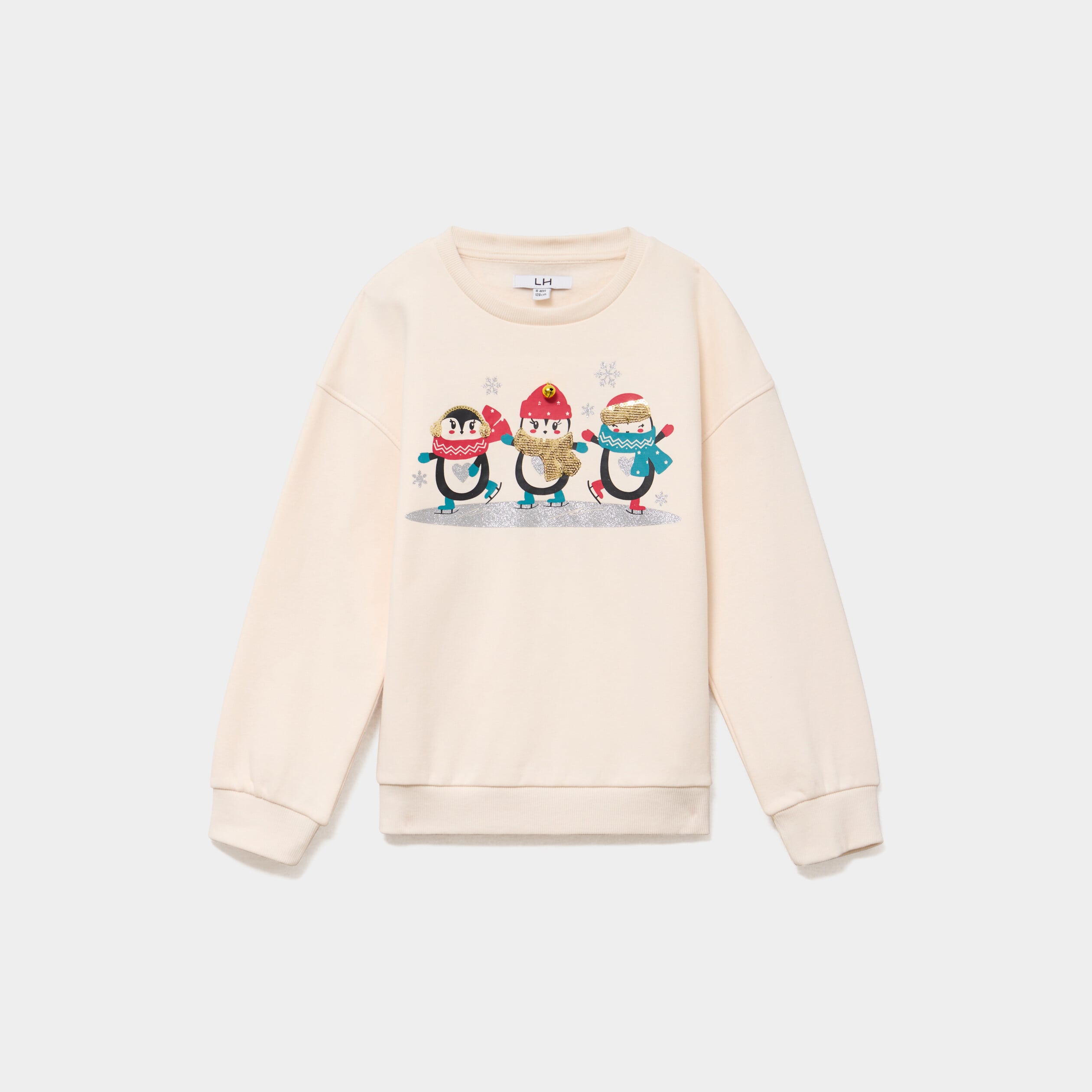 Sweat oversize &agrave; sequins col rond ivoire fille