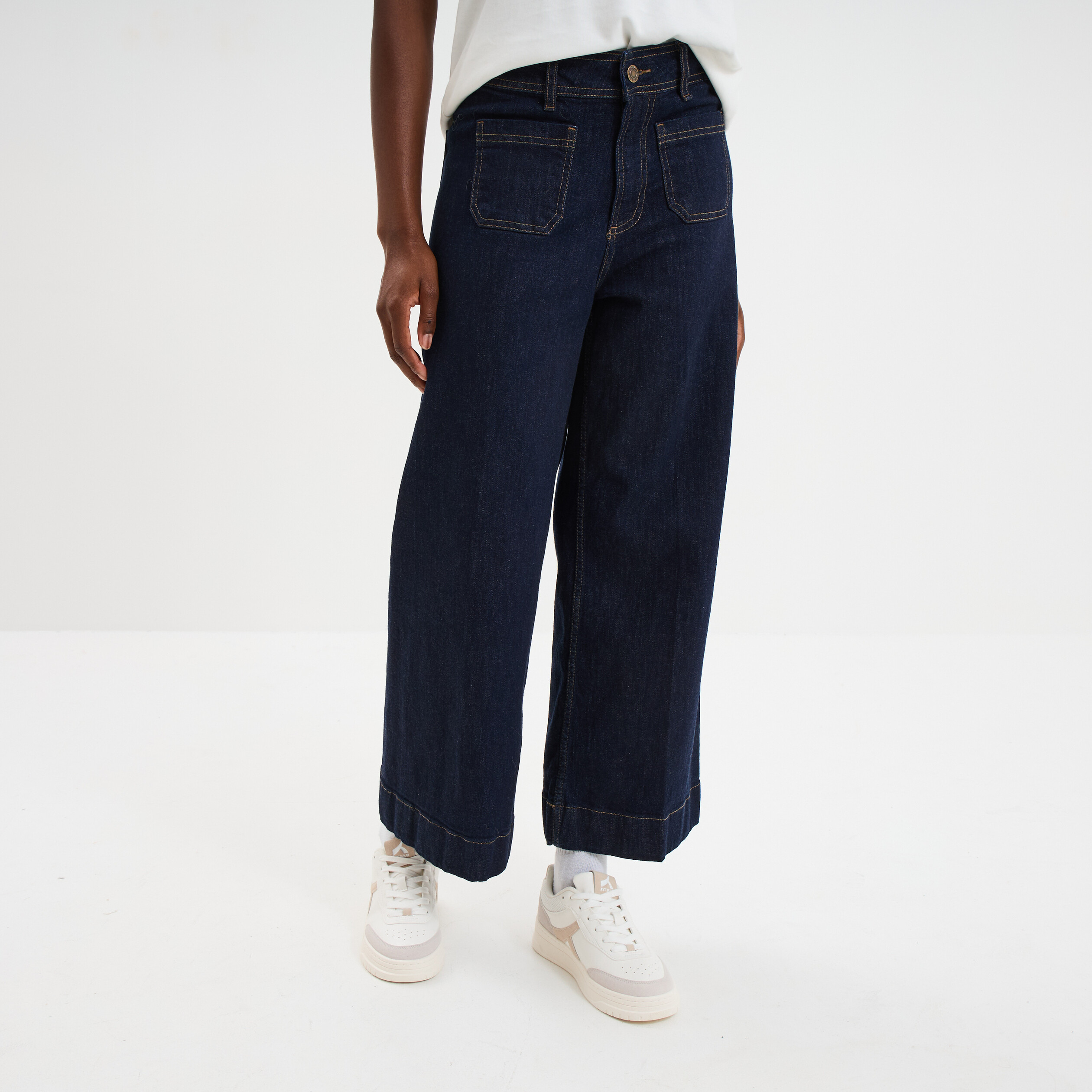 Jeans Ample Taille Haute Pour Femme - Coupe Décontractée Jambe Large - Denim Bleu Troué - Style Streetwear Confortable