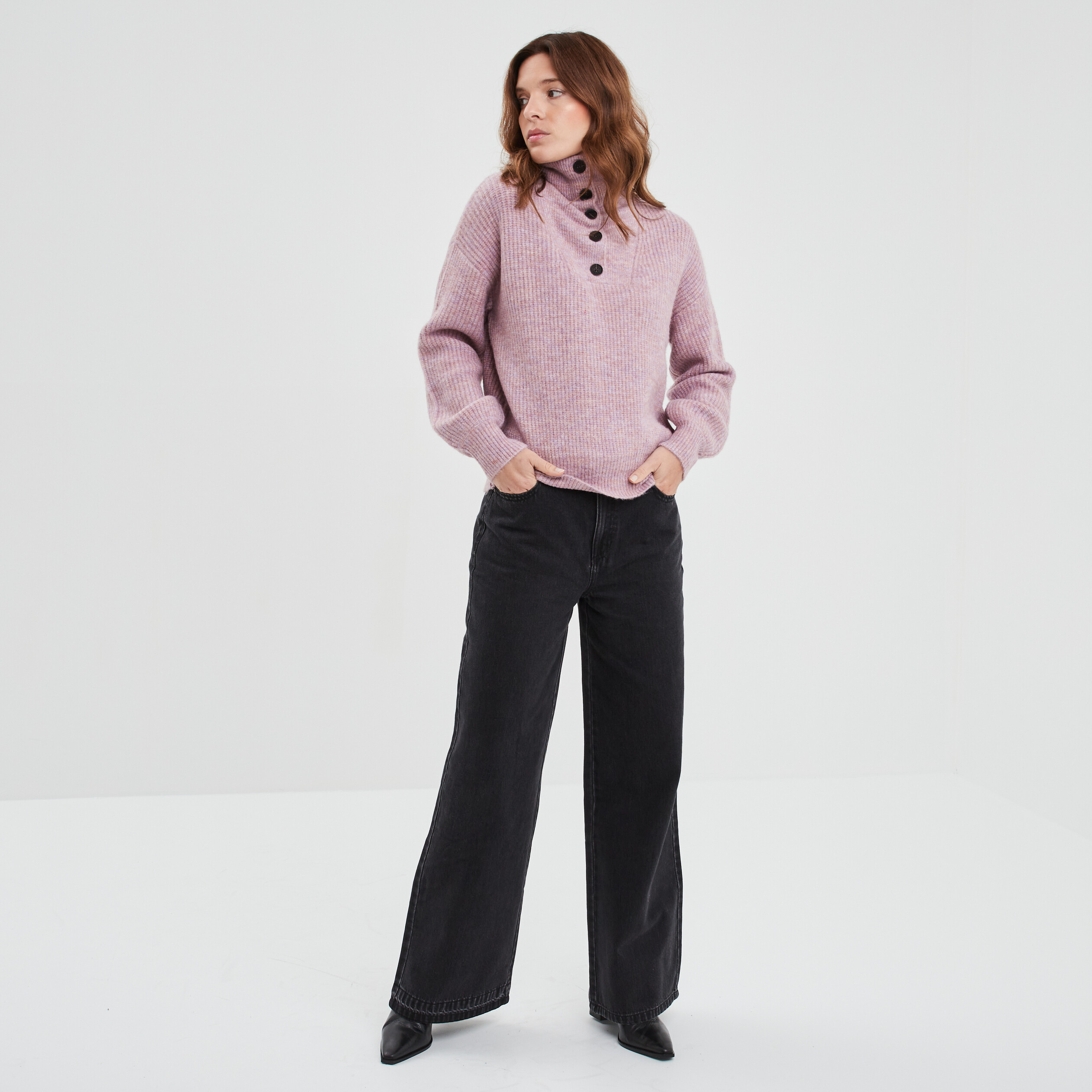 Pull col camionneur boutonné rose clair femme