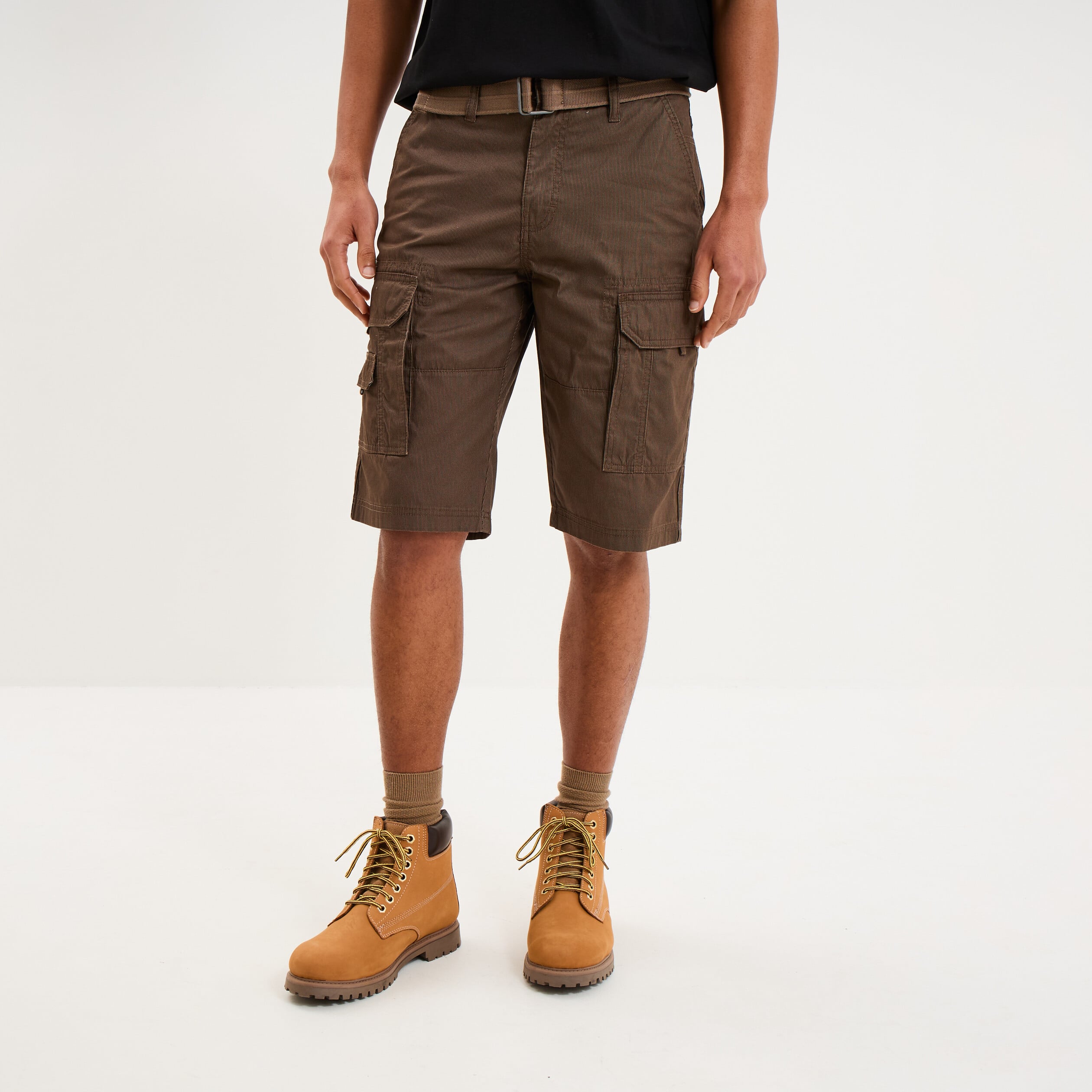 Bermuda cargo c&ocirc;tel&eacute; coton ceintur&eacute; marron fonc&eacute; homme