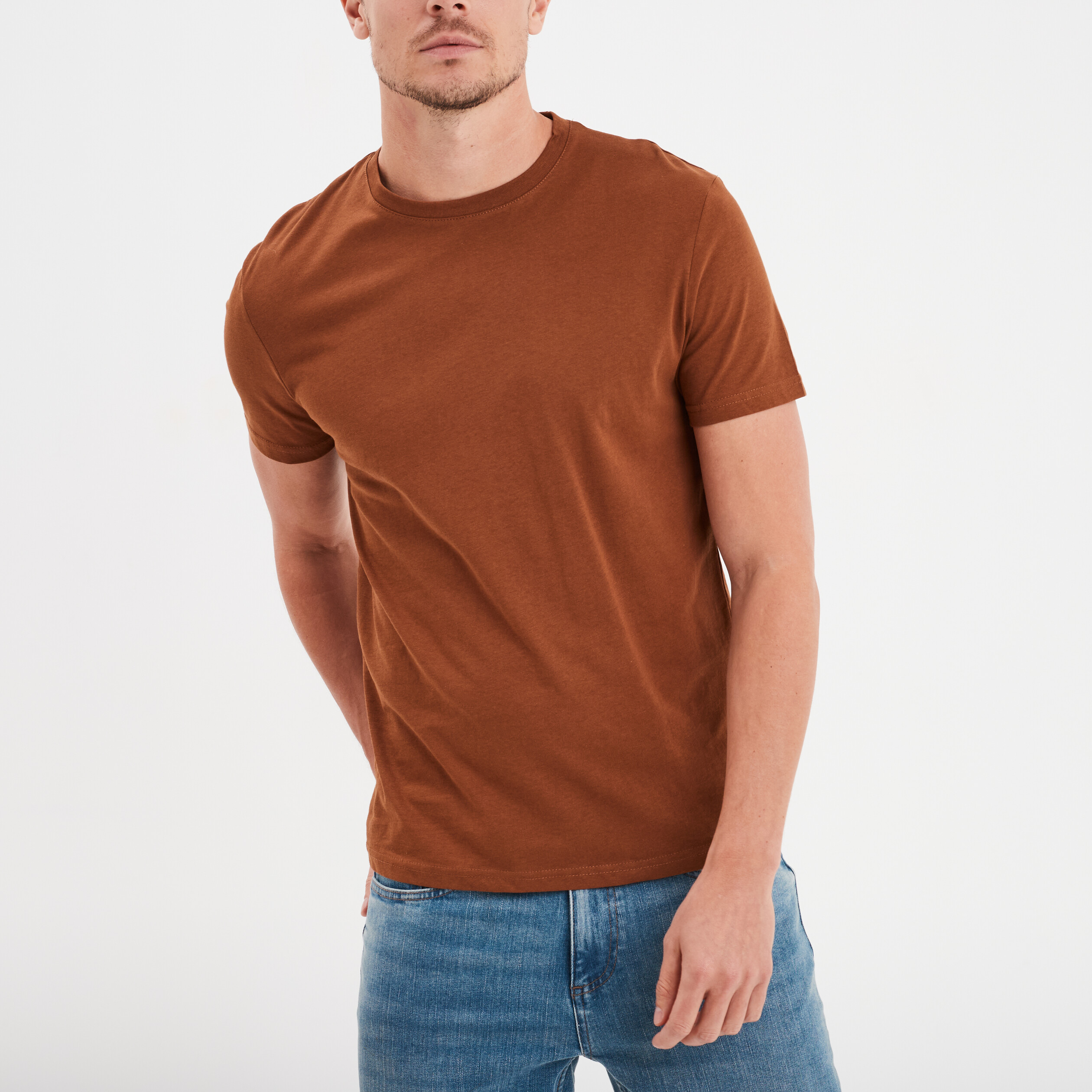 T-shirt droit en coton manches courtes marron homme