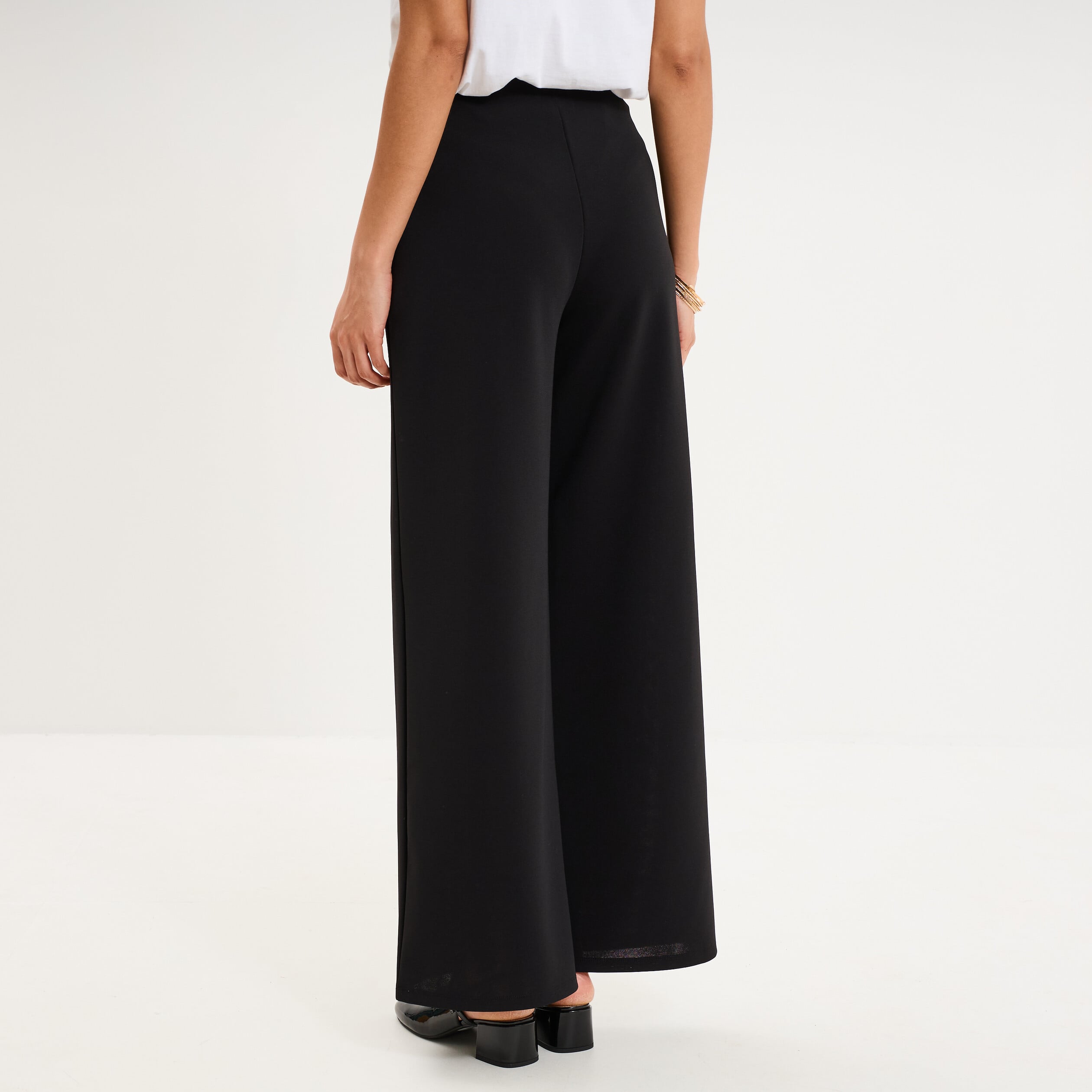 Pantalon large fluide taille haute noir femme