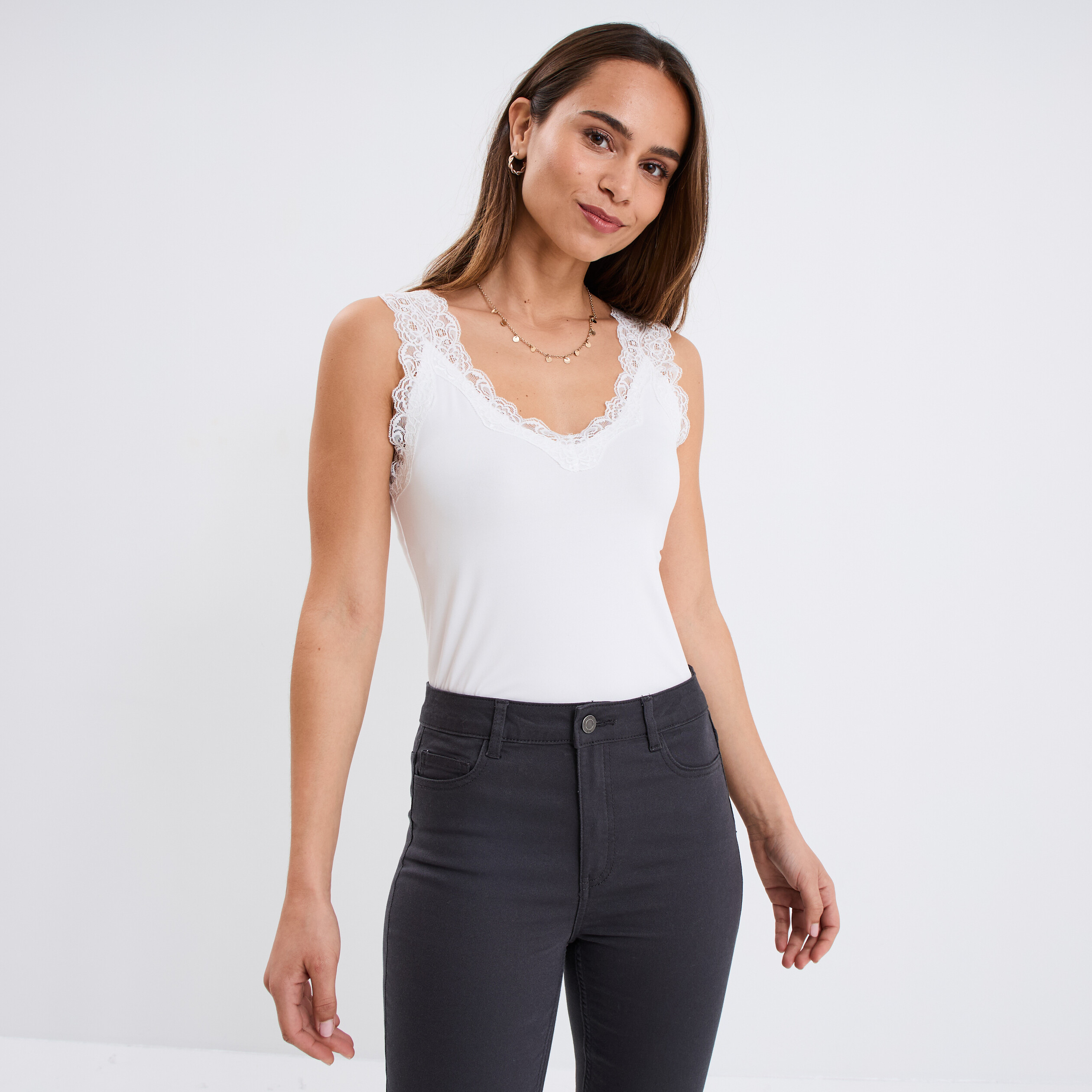 Débardeur ajusté détail dentelle ecru femme