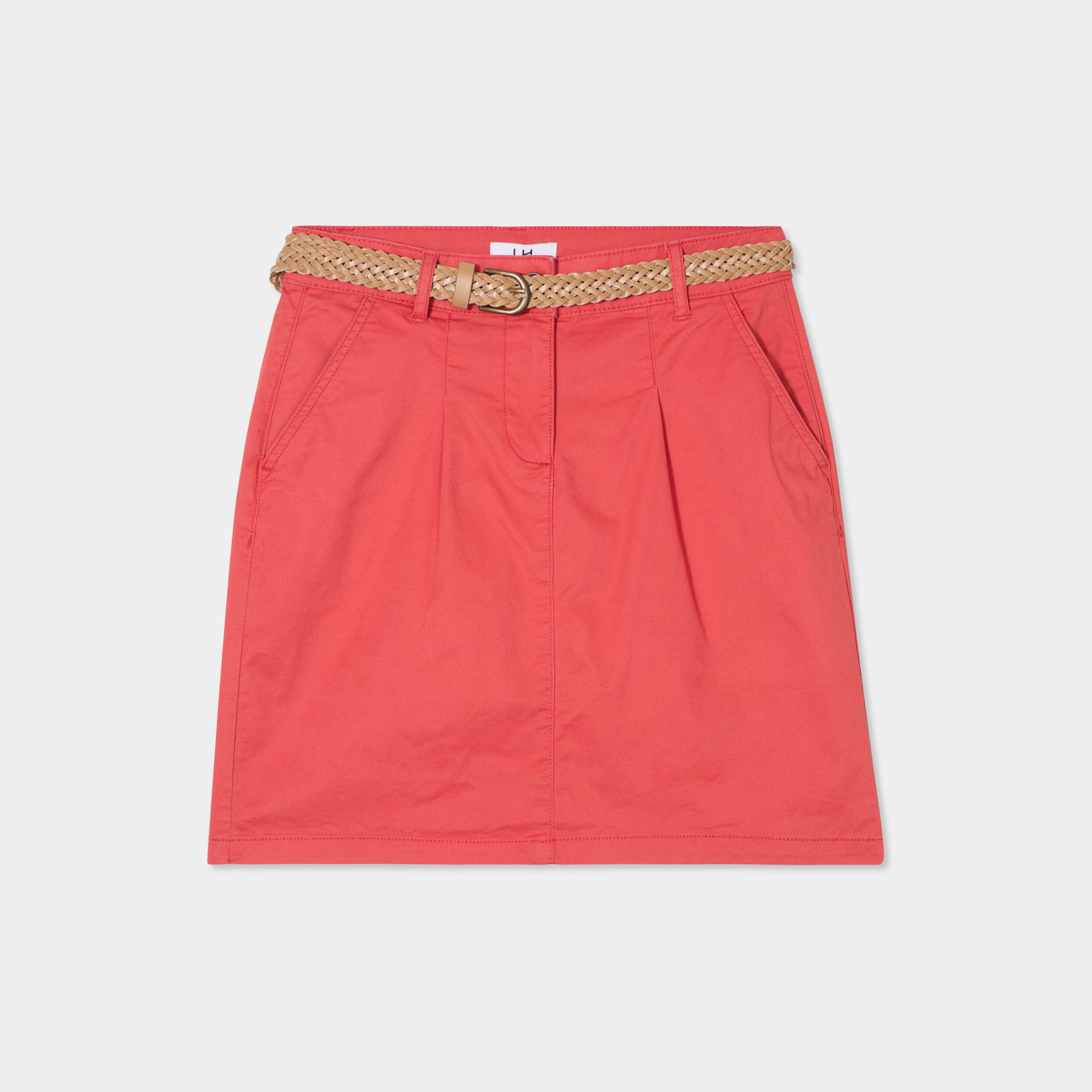 jupe chino droite ceinture tressee rouge corail femme Jupe chino droite ceinture tressée rouge corail femme