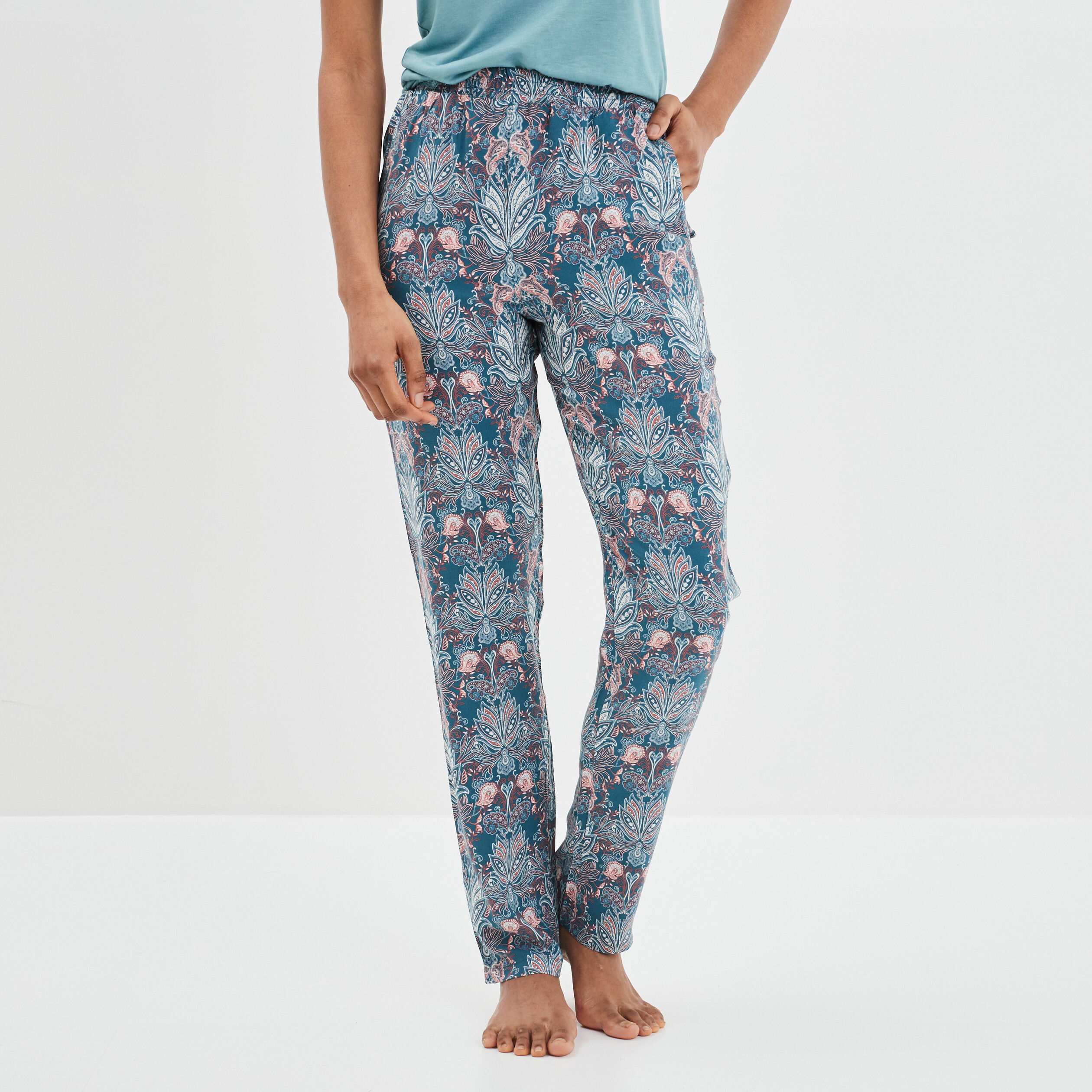 pantalon de pyjama fluide taille haute bleu femme Pantalon de pyjama fluide taille haute bleu femme
