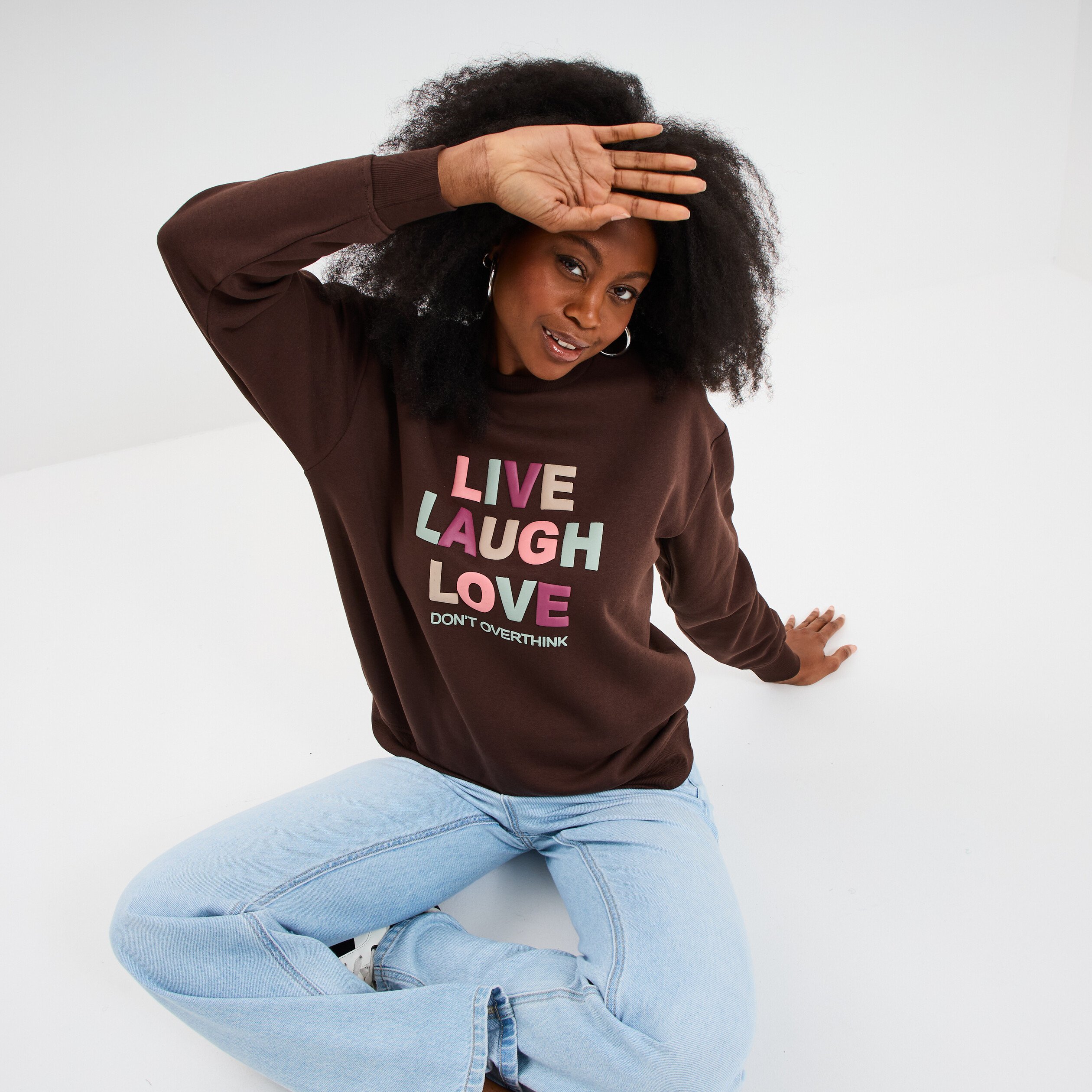 Sweat col rond manches longues marron foncé femme