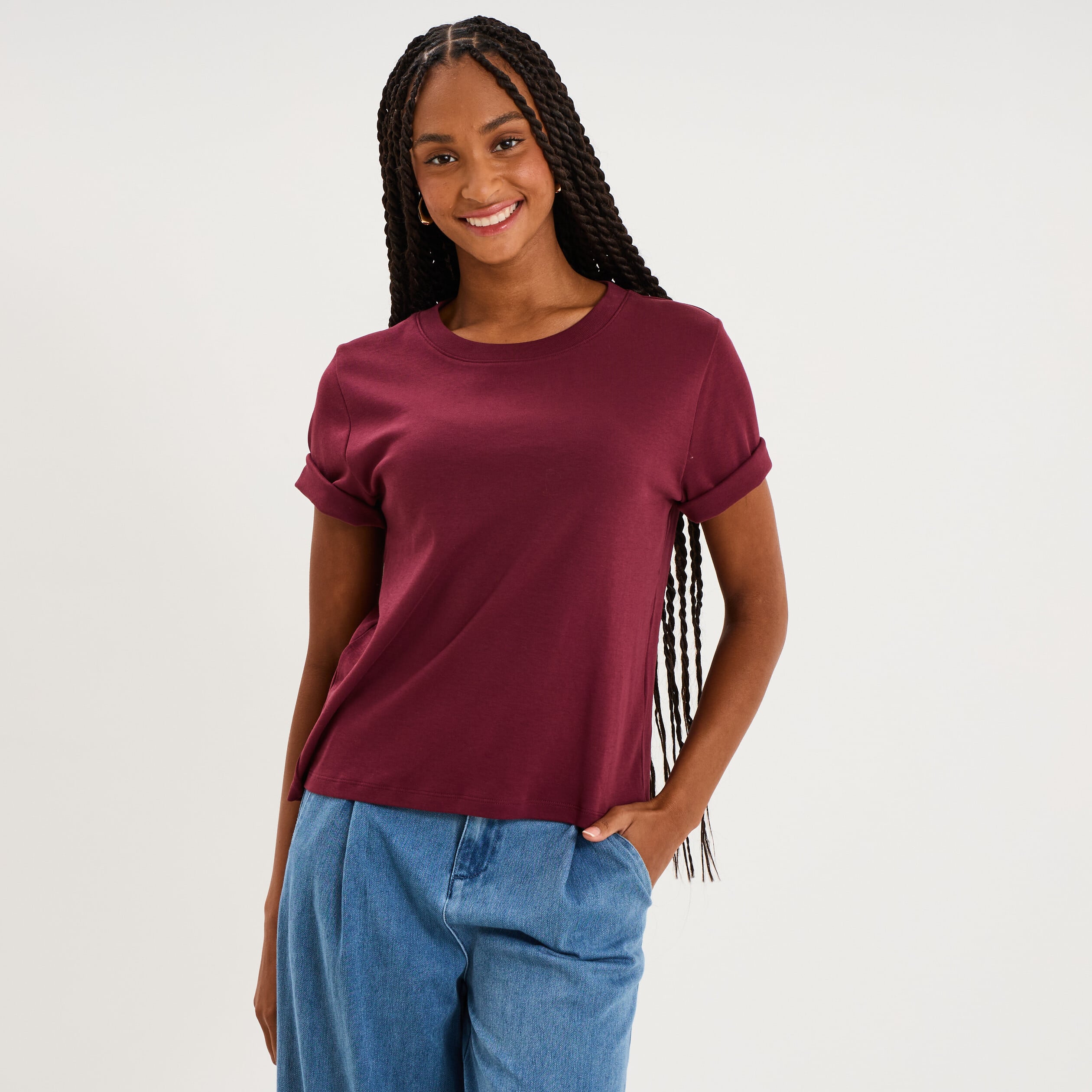 T-shirt manches courtes col rond coton bordeaux femme