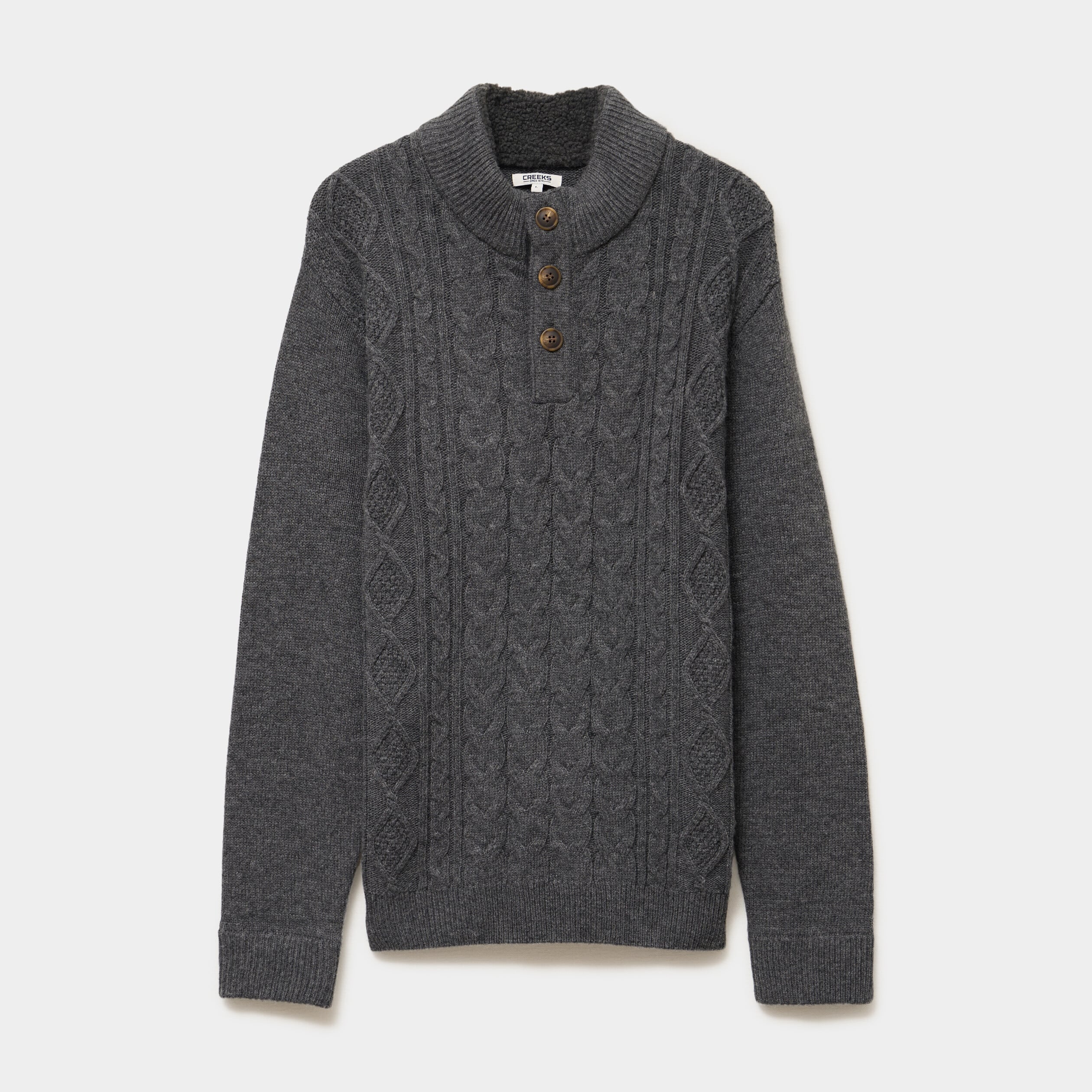 Pull col montant boutonn&eacute; et torsades gris fonc&eacute; homme