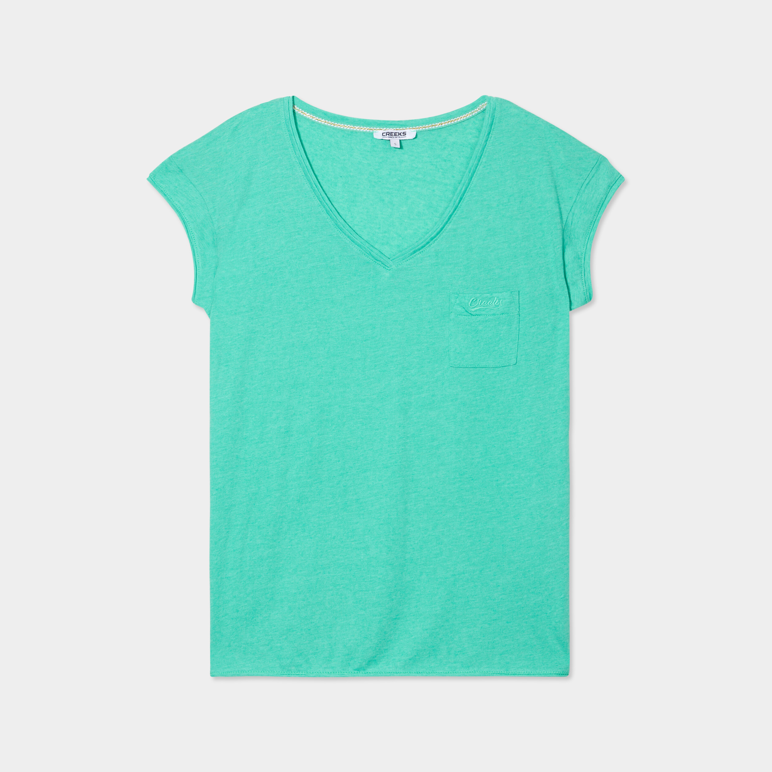 T-shirt col v poche poitrine vert menthe femme
