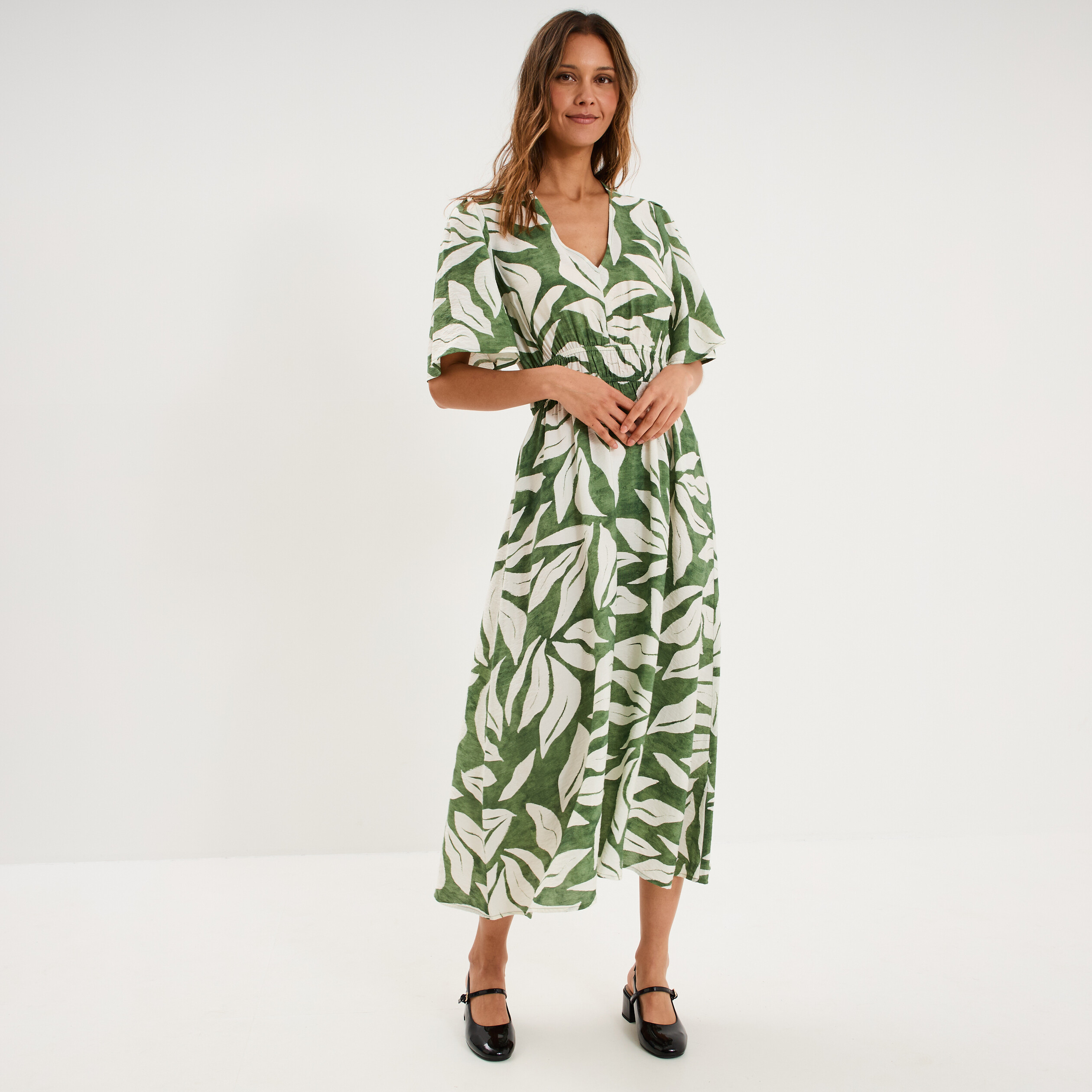 Robe longue col V taille &eacute;lastiqu&eacute;e vert kaki femme