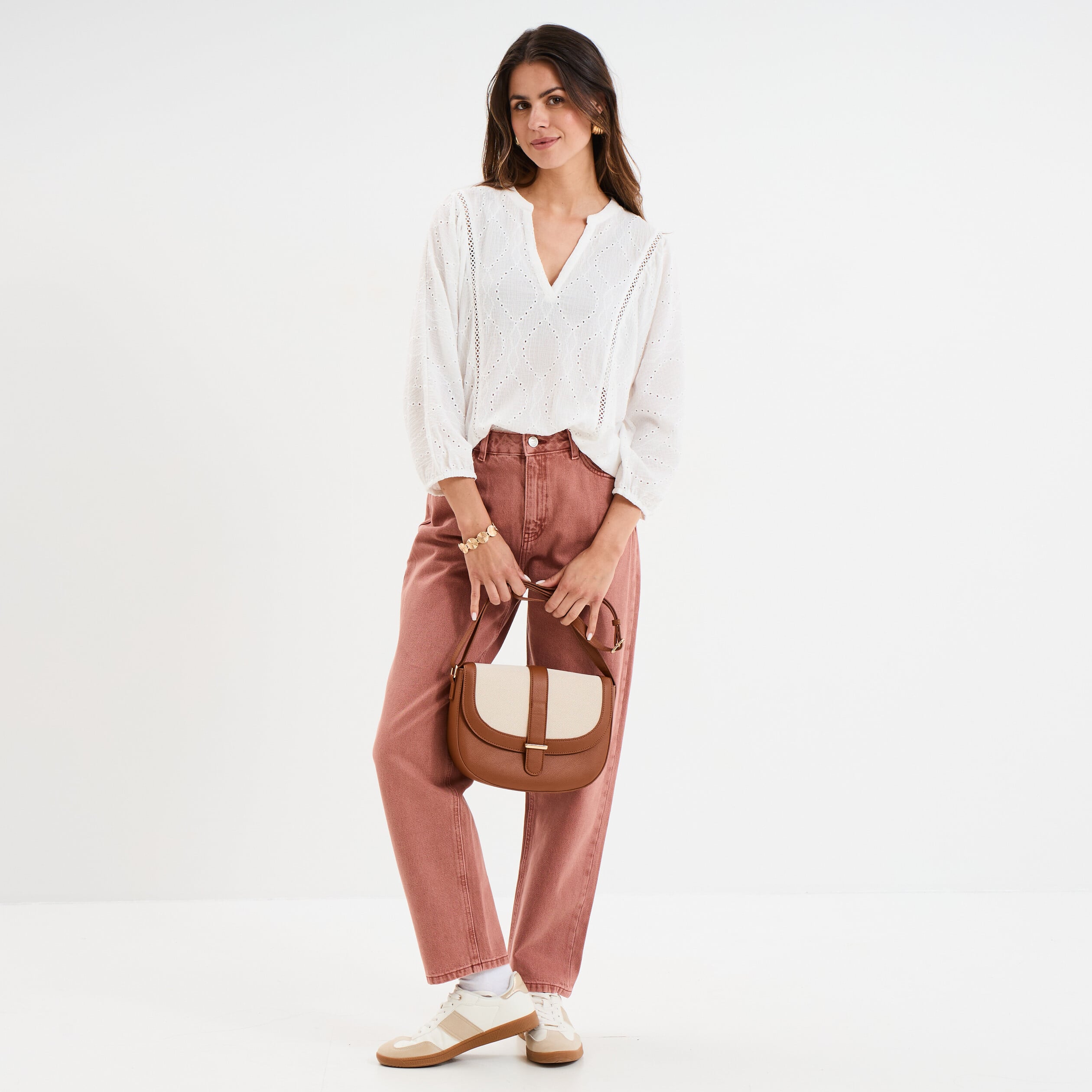 Blouse ajour&eacute;e manches 3/4 col en V blanc femme