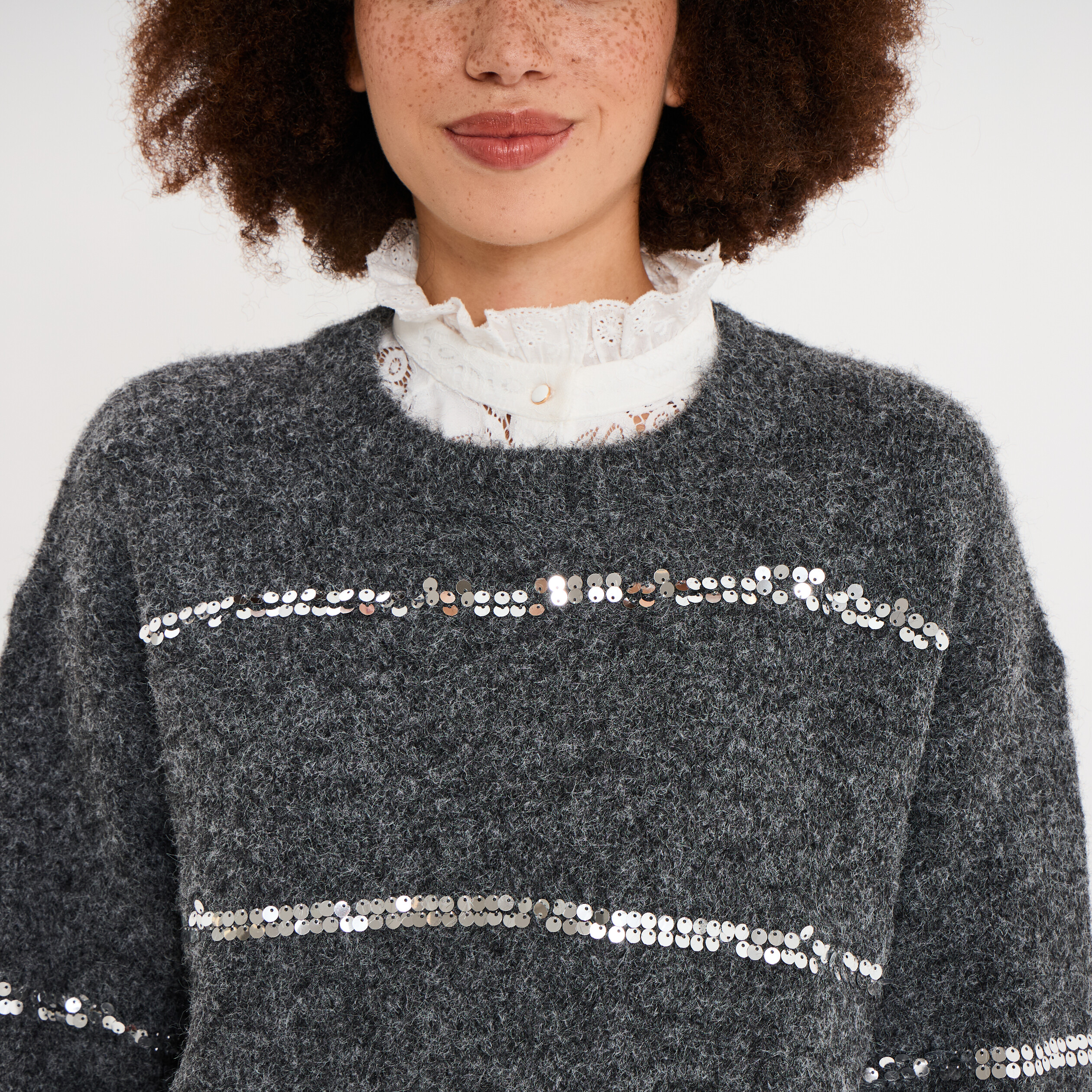 Pull col rond &agrave; sequins manches longues gris femme