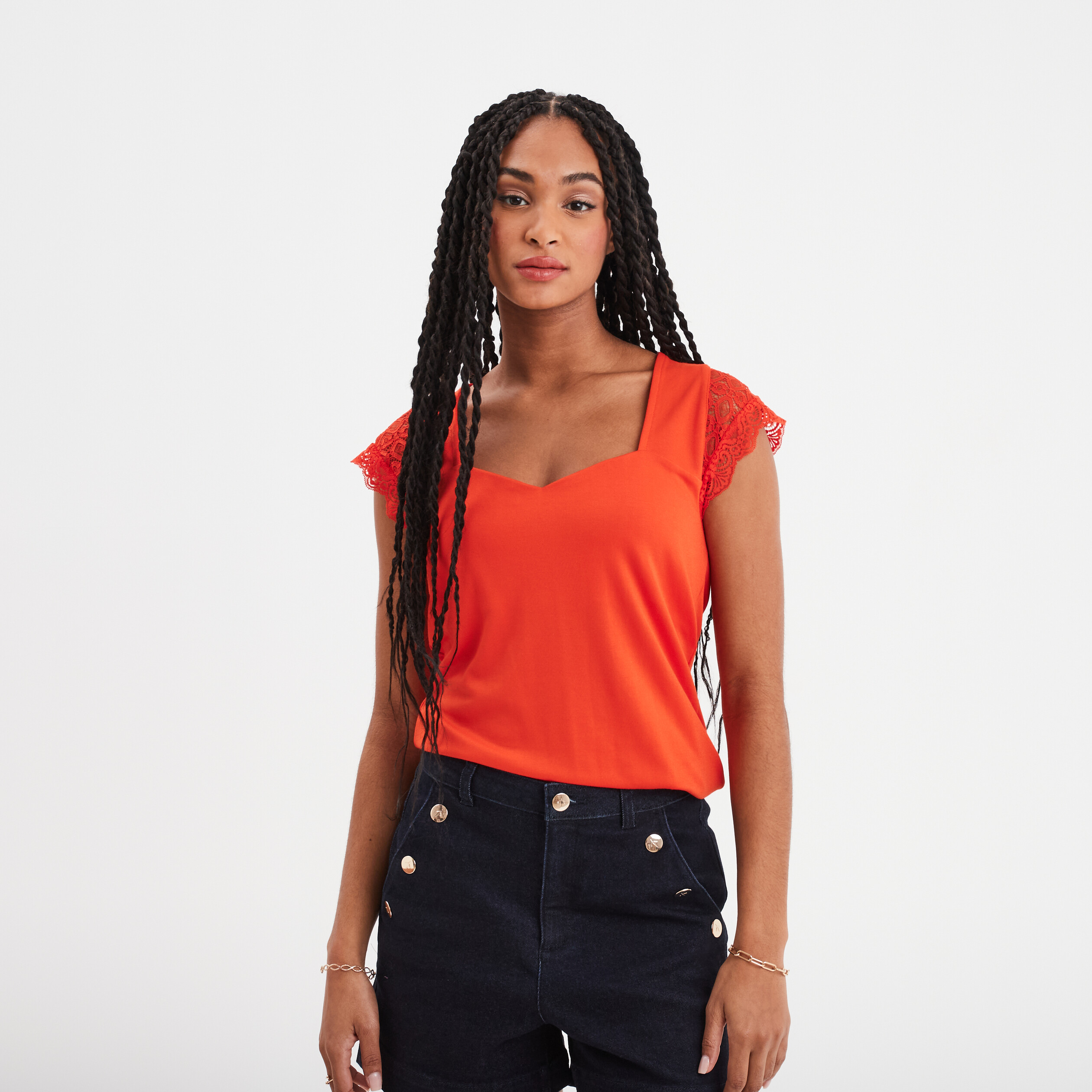 t shirt manches courtes avec dentelle orange femme T-shirt manches courtes avec dentelle orange femme