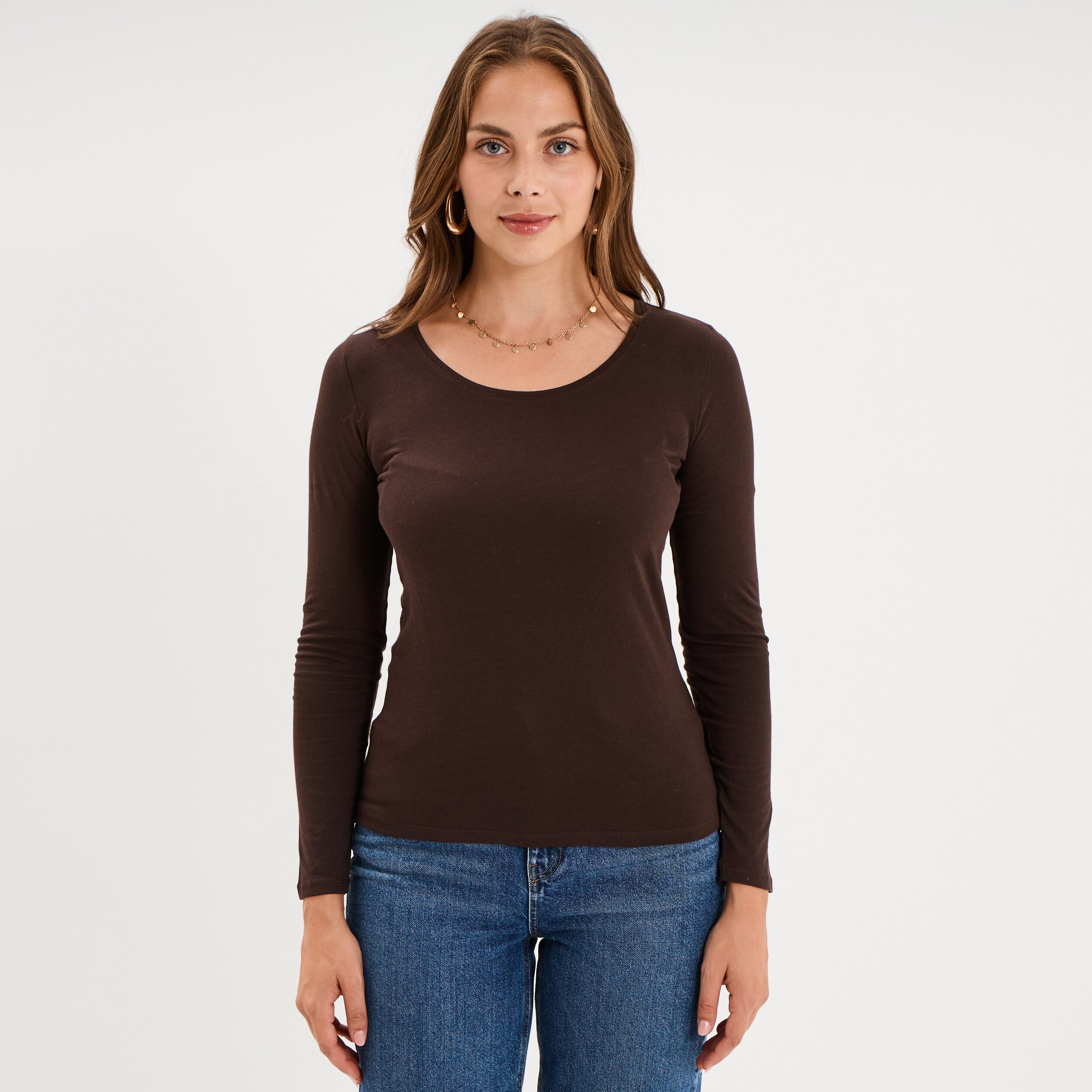 T-shirt coton col rond manches longues marron fonc&eacute; femme
