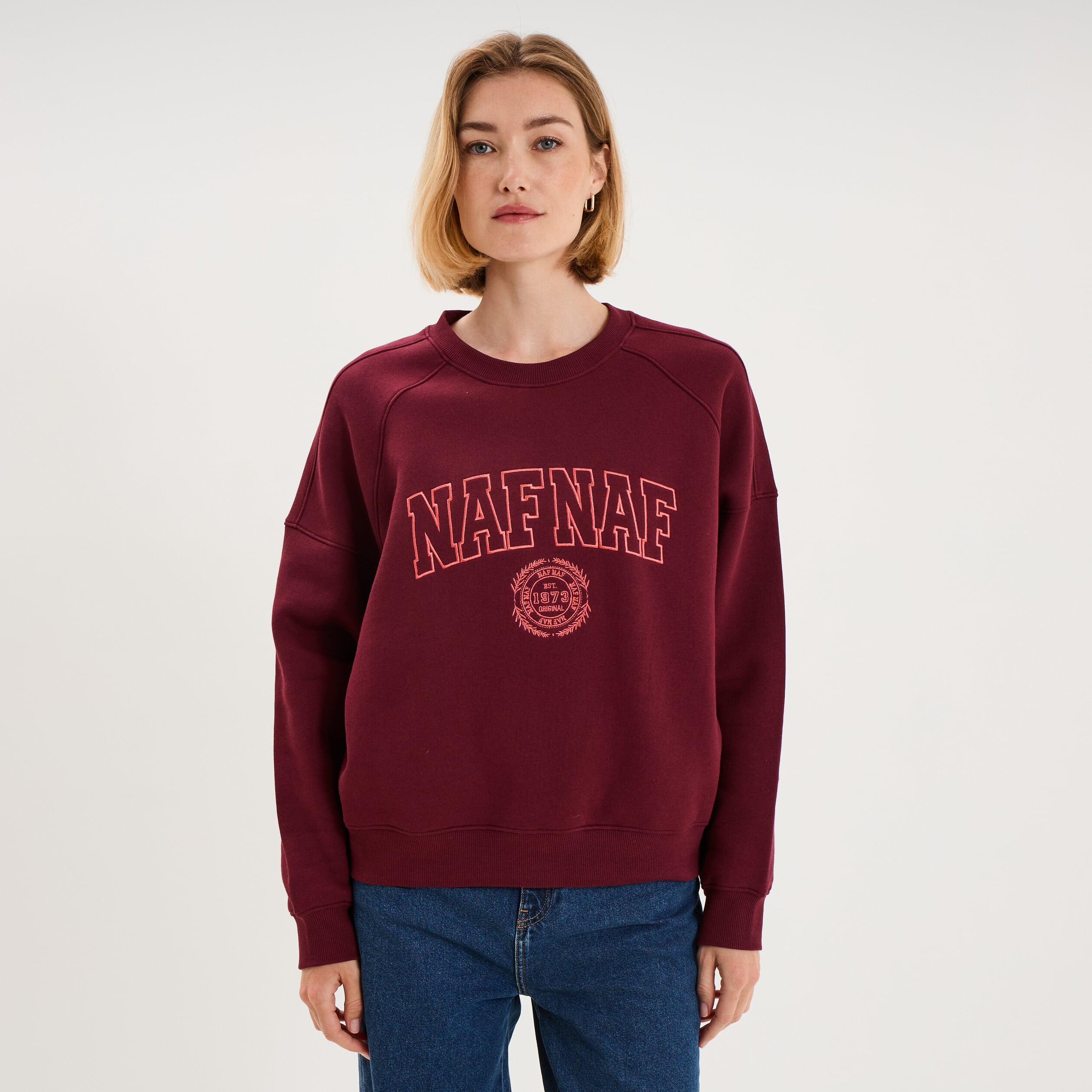 Sweat oversize logo NAF NAF brod&eacute; bordeaux femme