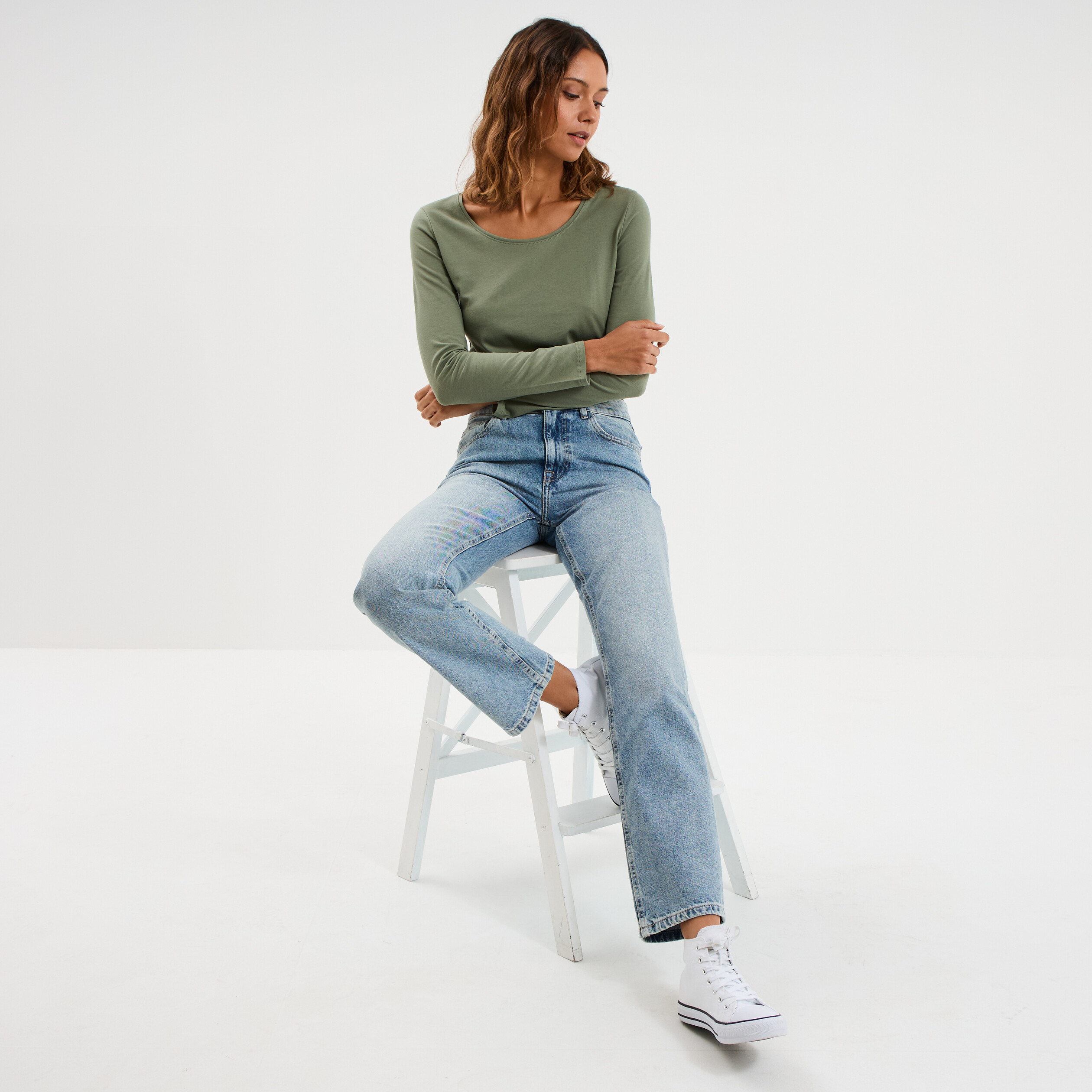 T-shirt coton col rond manches longues vert kaki femme