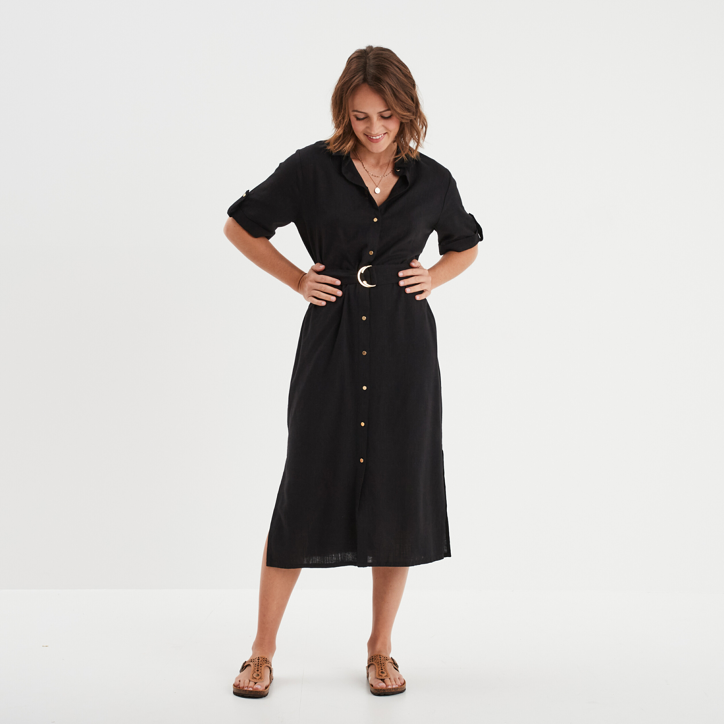 robe chemise midi boutonnee ceinturee noir femme Robe chemise midi boutonnée ceinturée noir femme