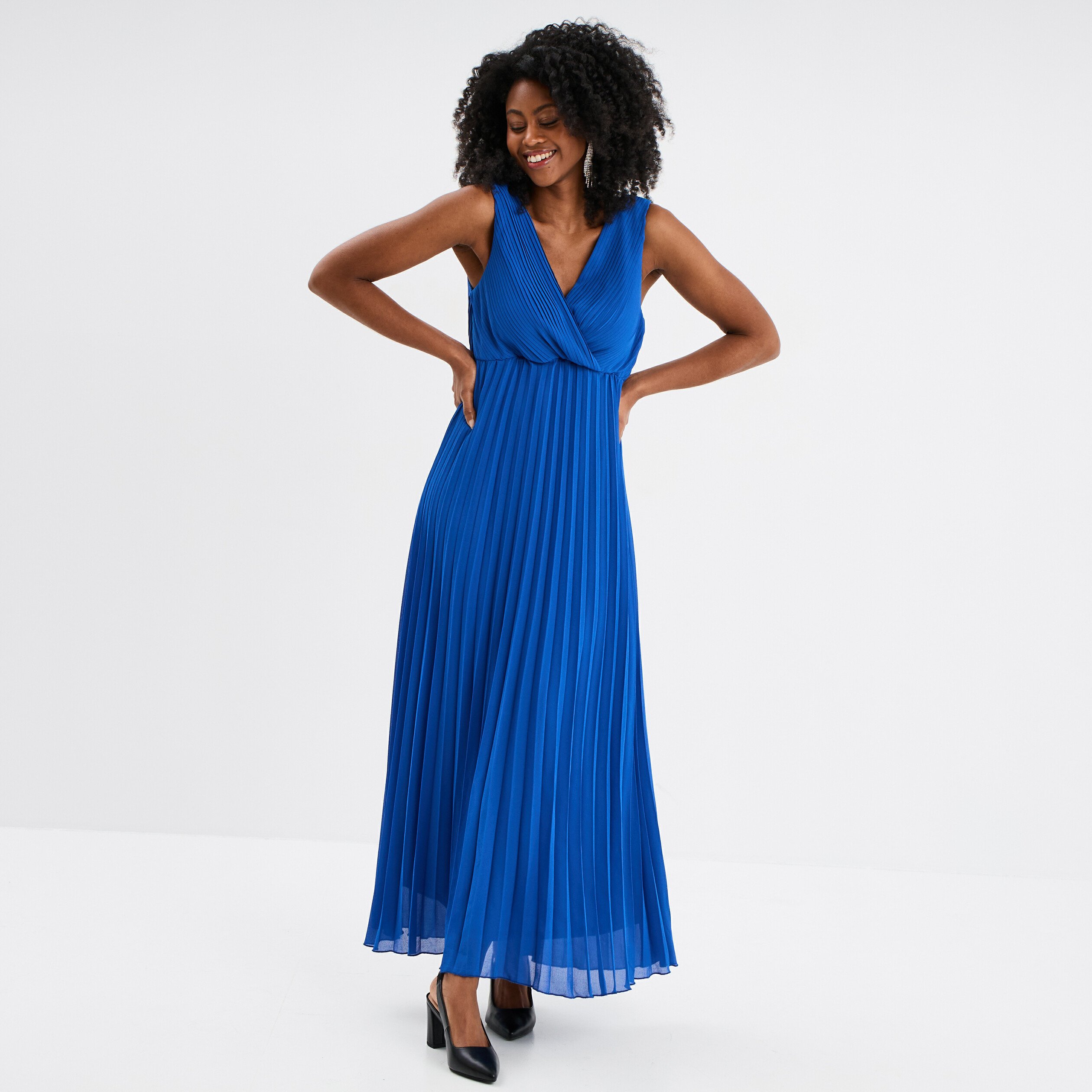 robe longue plissee sans manches col v bleu roi femme Robe longue plissée sans manches col V bleu roi femme