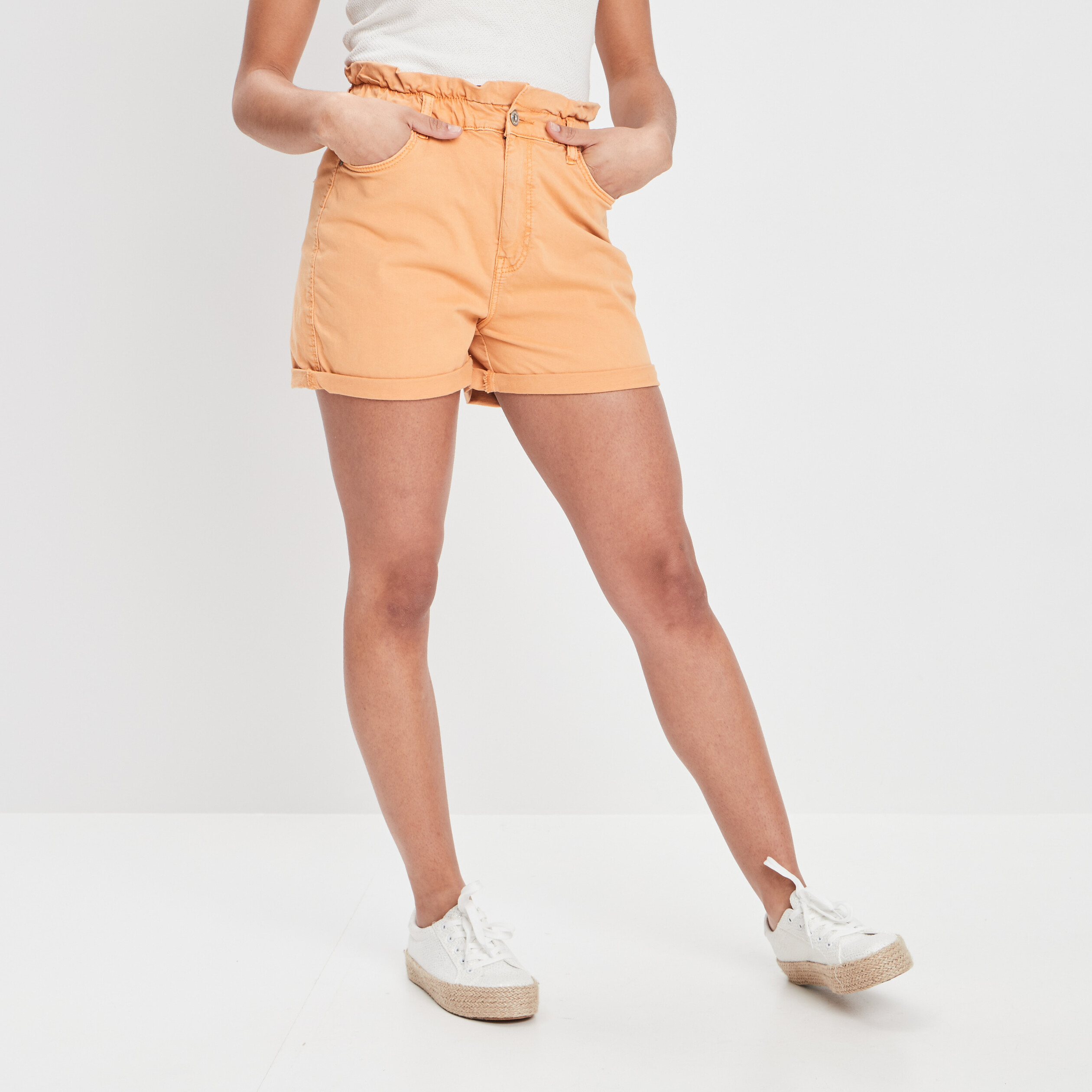 short droit taille haute elastiquee orange femme Short droit taille haute élastiquée orange femme