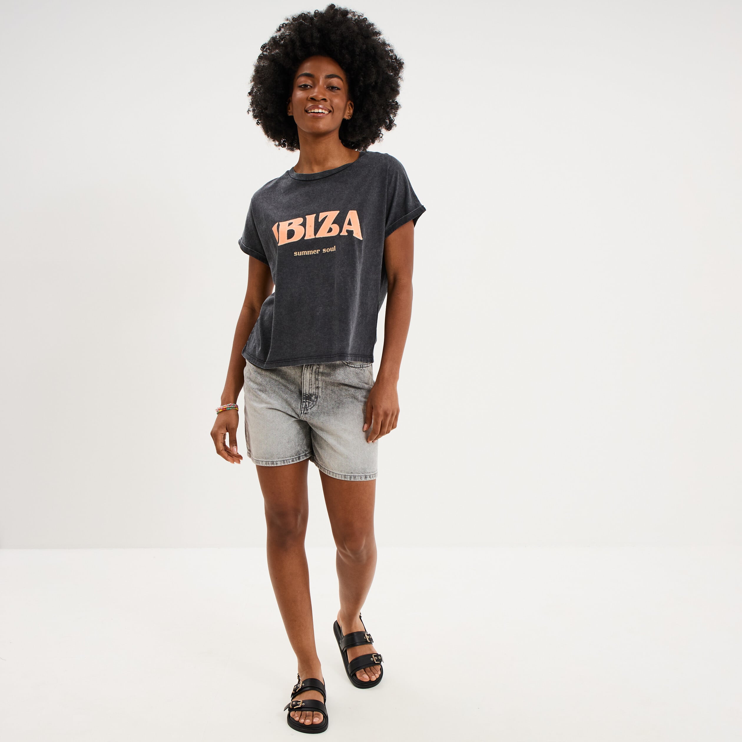 Short mom en jean 5 poches denim gris clair femme