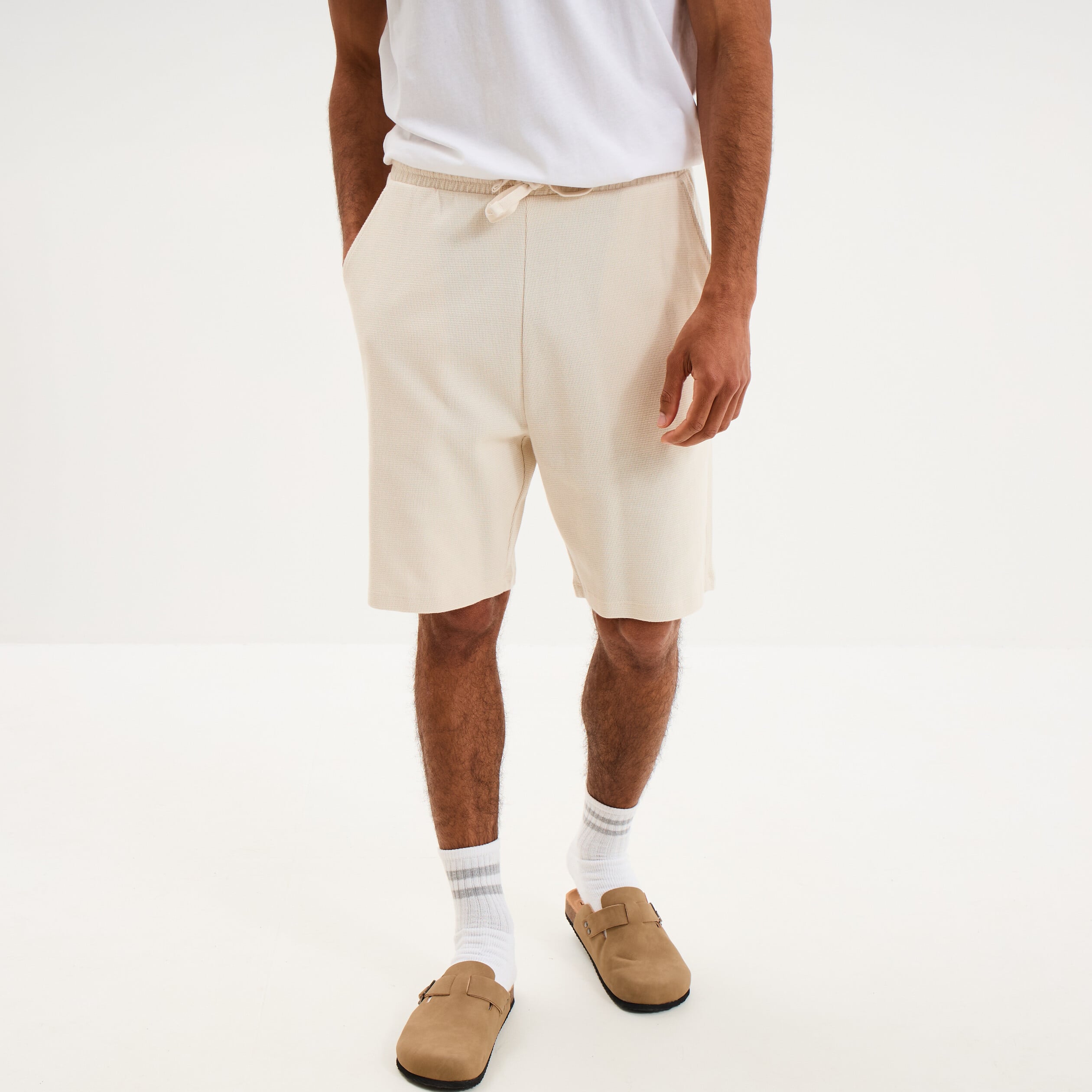 Bermuda chino textur&eacute; coupe droite coton ecru homme