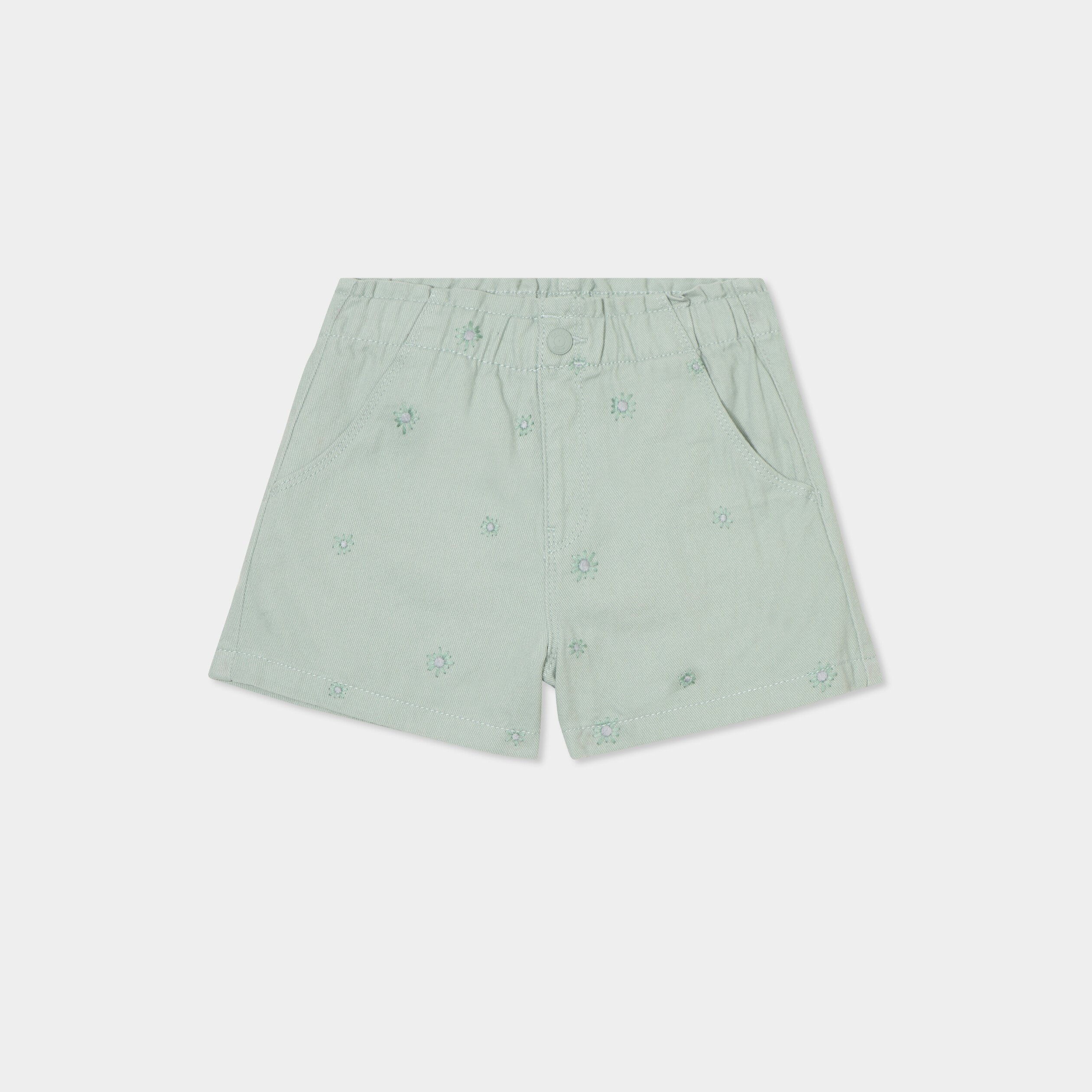 short brode taille elastiquee coton vert kaki fille Short brodé taille élastiquée coton vert kaki fille