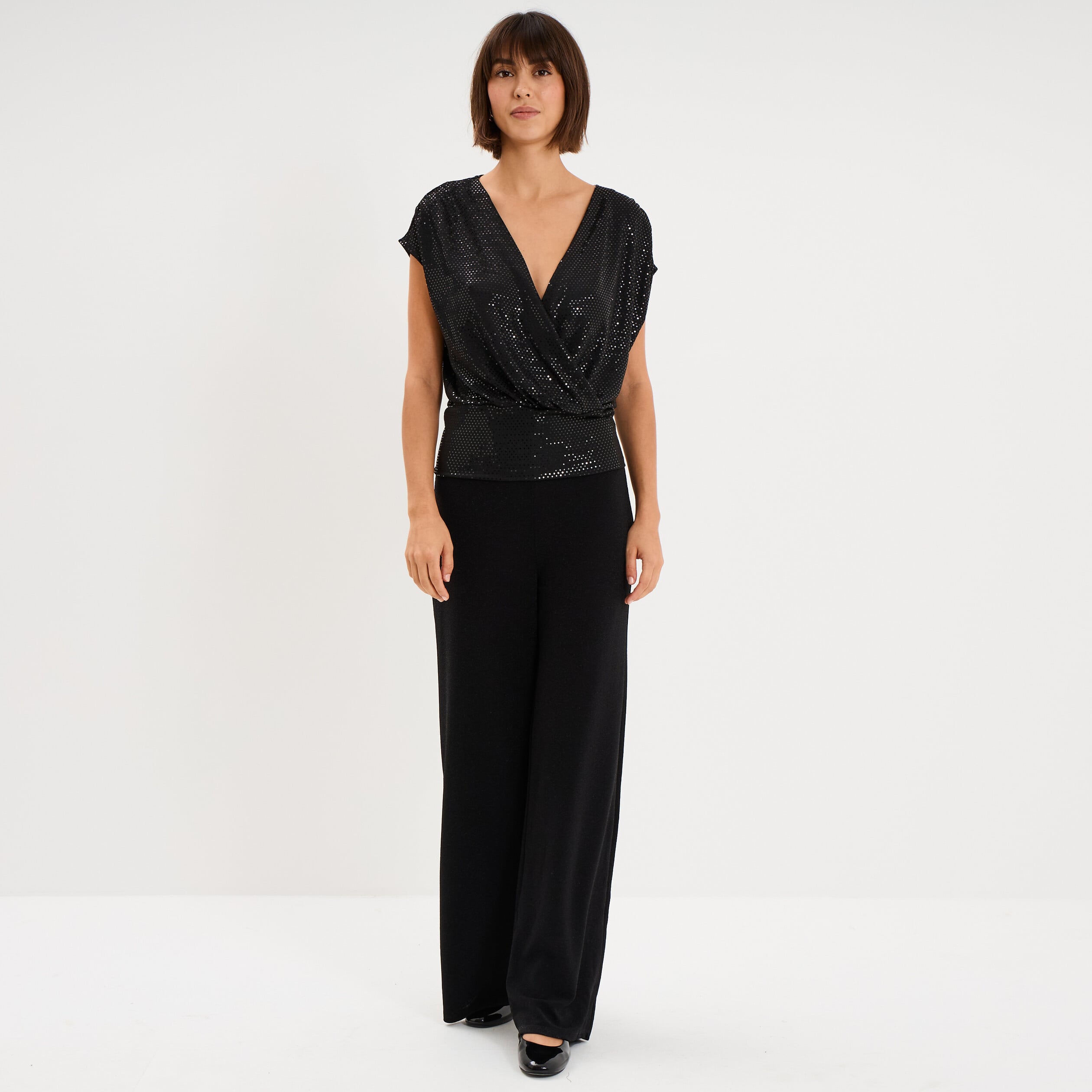 Pantalon large &agrave; paillettes noir femme