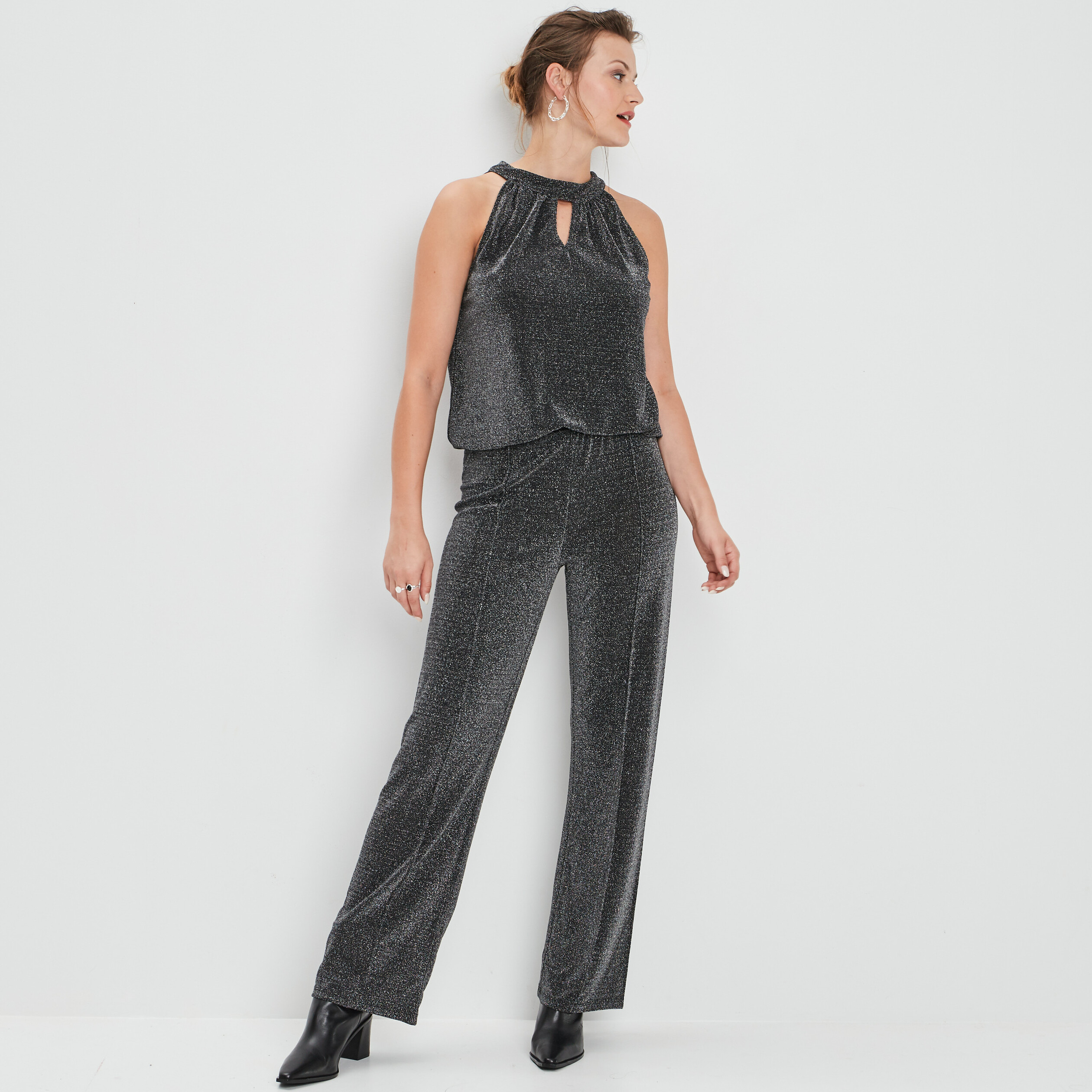 Pantalon de soirée fluide gris argent femme