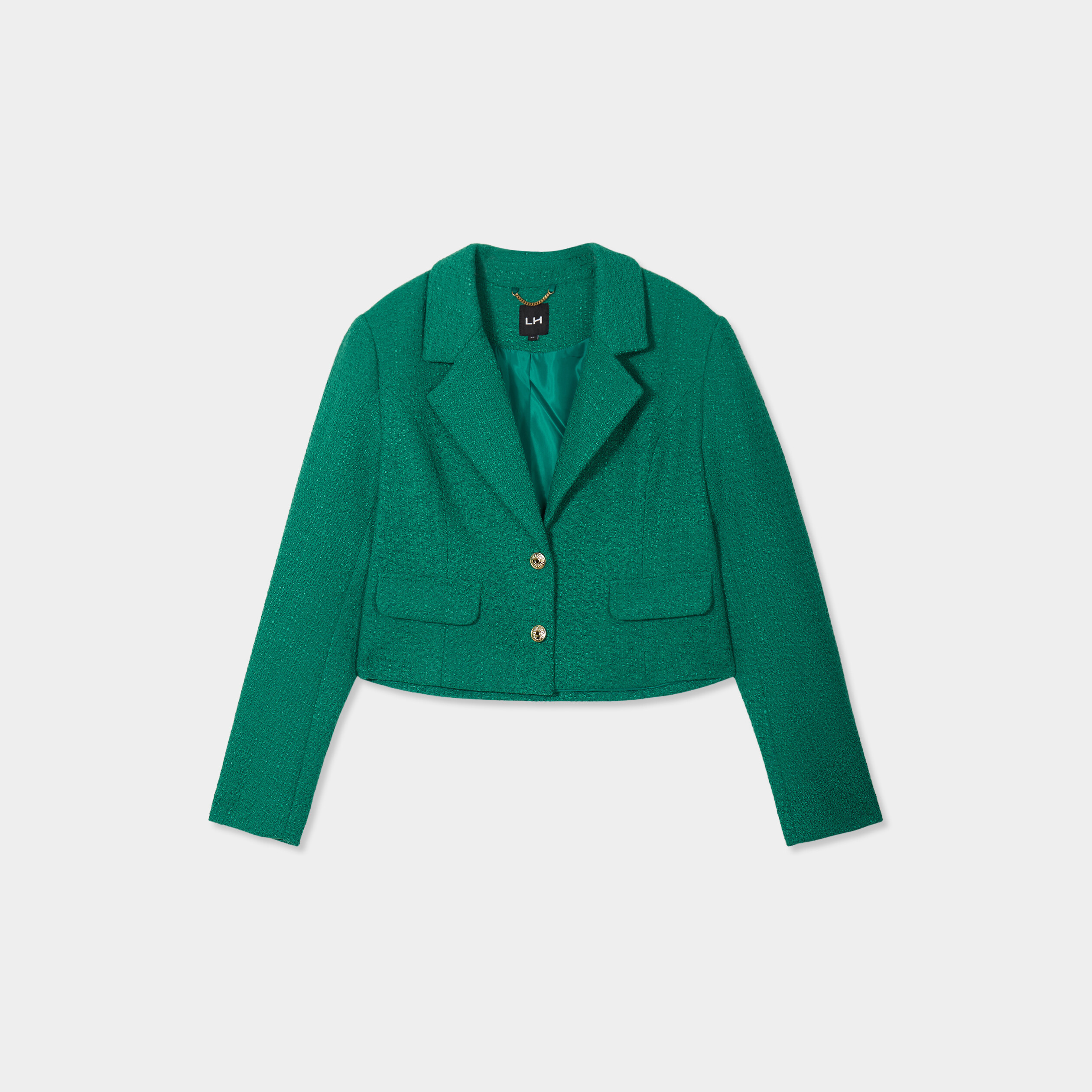 Veste courte tweed col tailleur vert femme